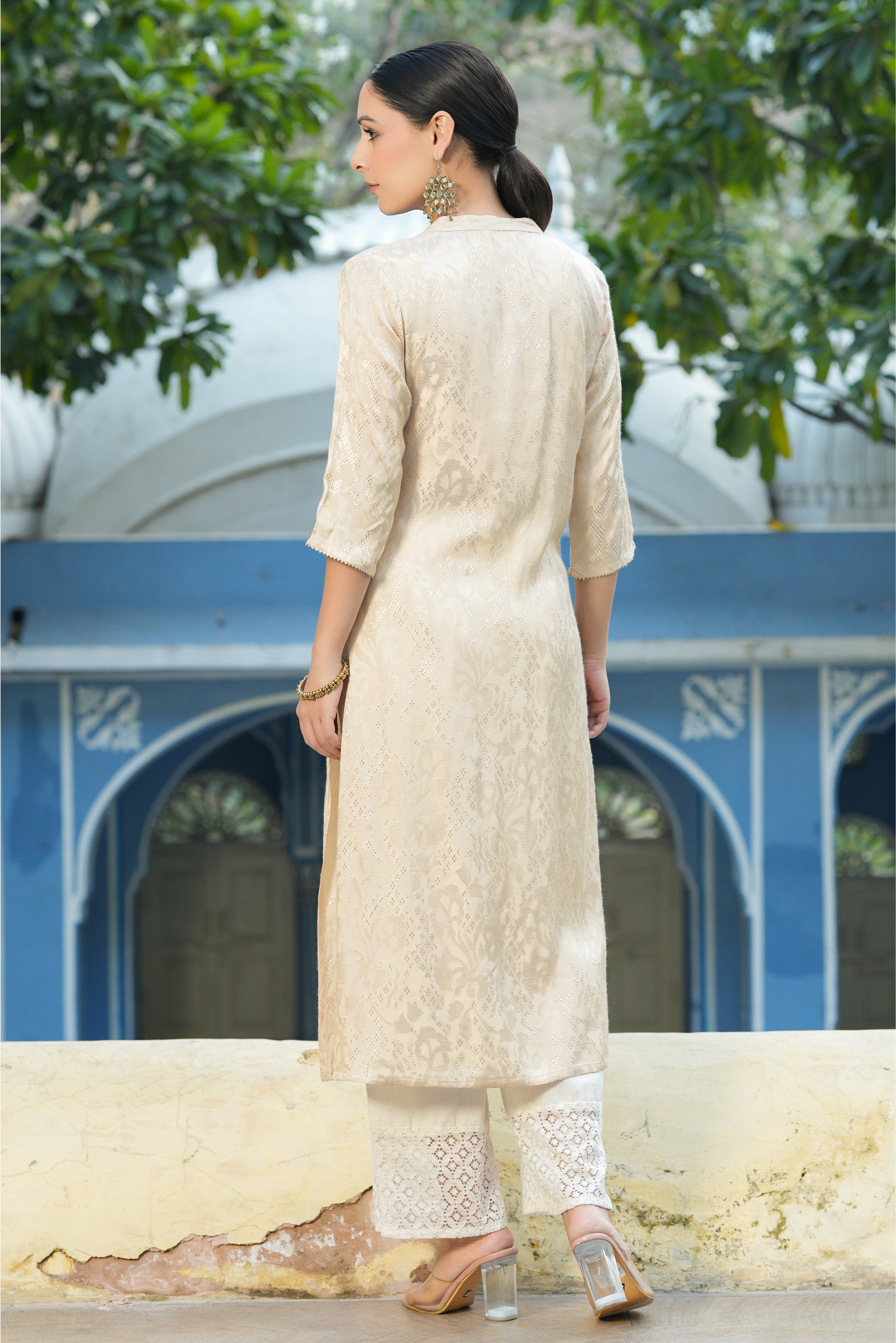 Women Ivory Rayon Jacquard Woven - Jacquard Kurta