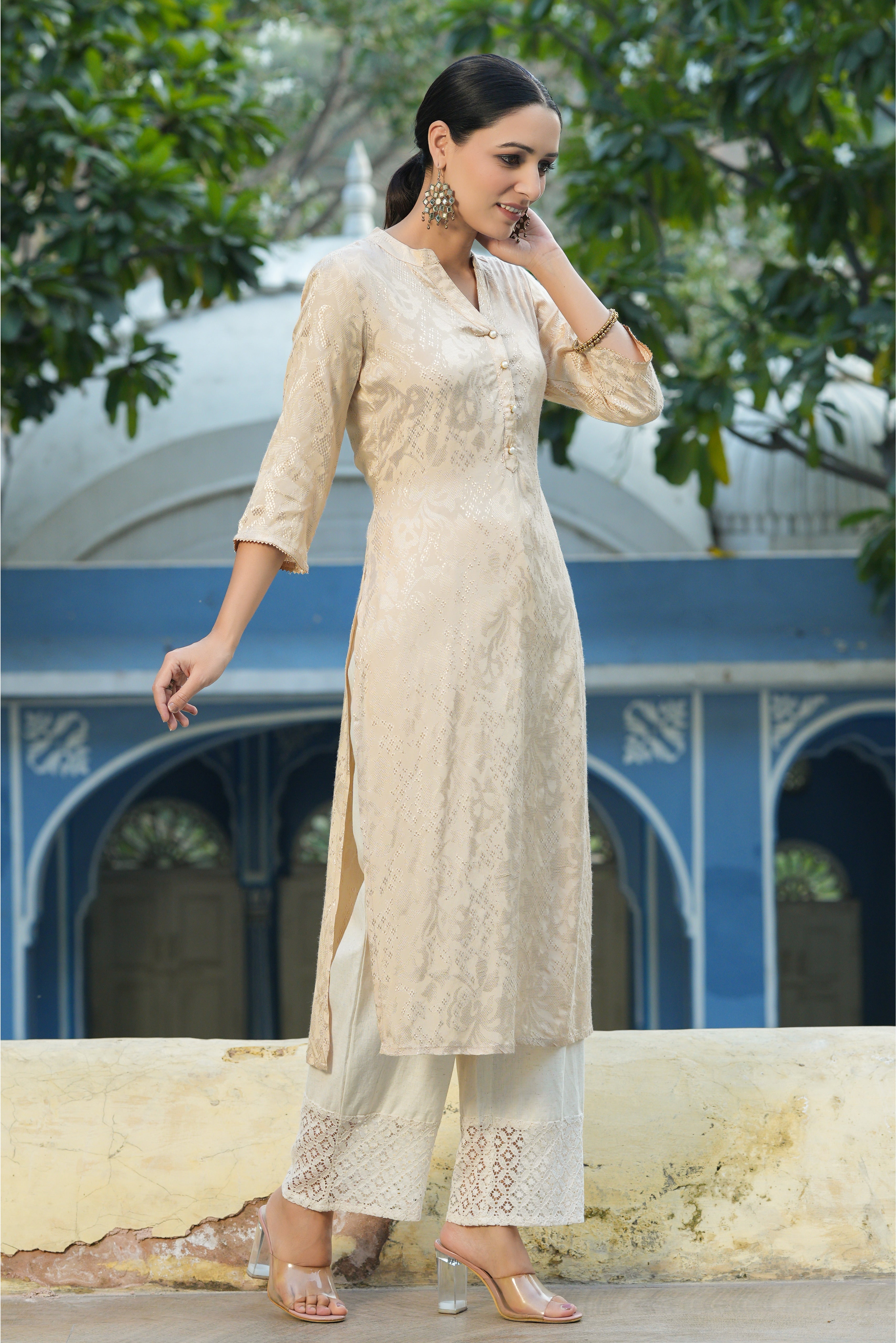 Women Ivory Rayon Jacquard Woven - Jacquard Kurta