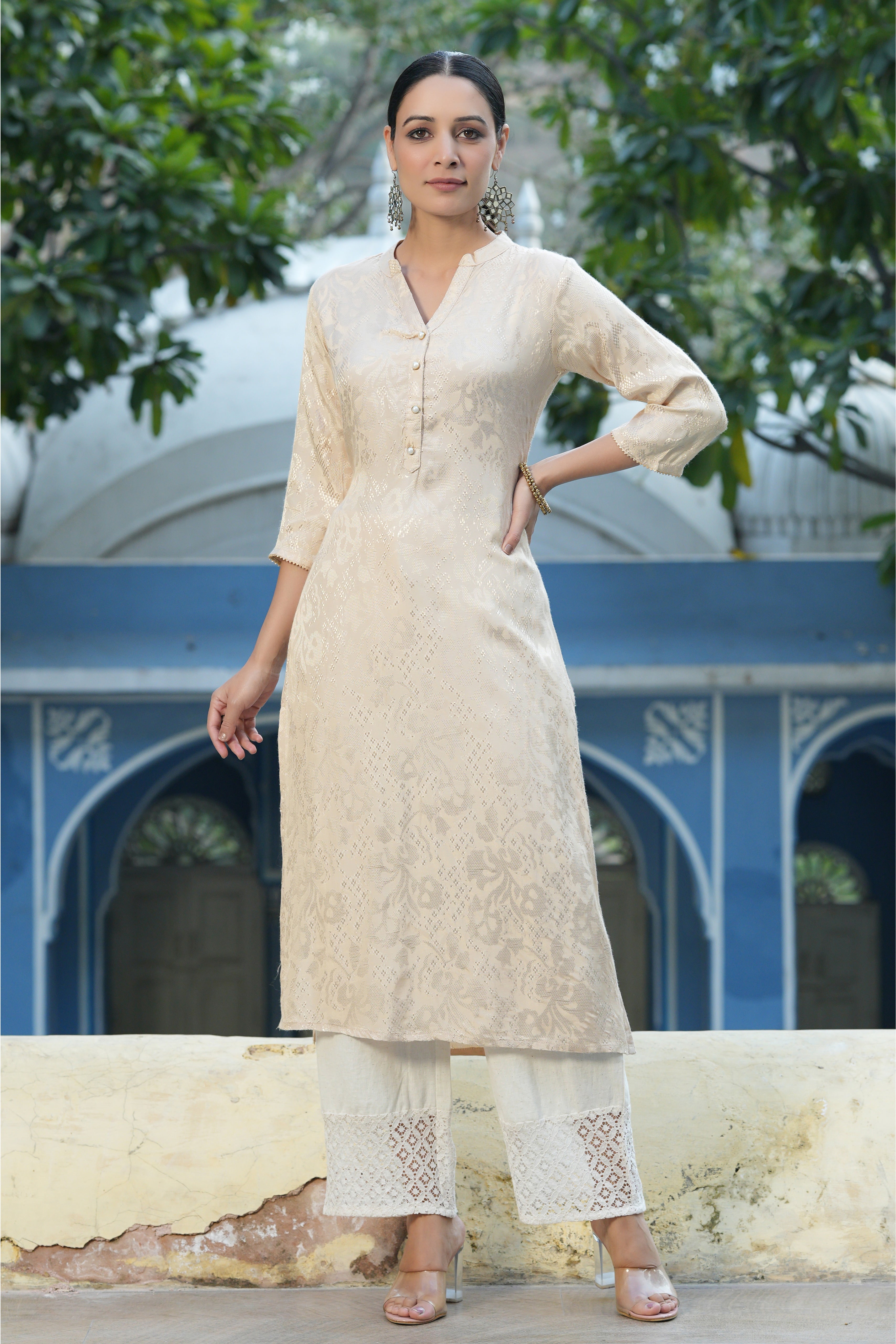 Women Ivory Rayon Jacquard Woven - Jacquard Kurta