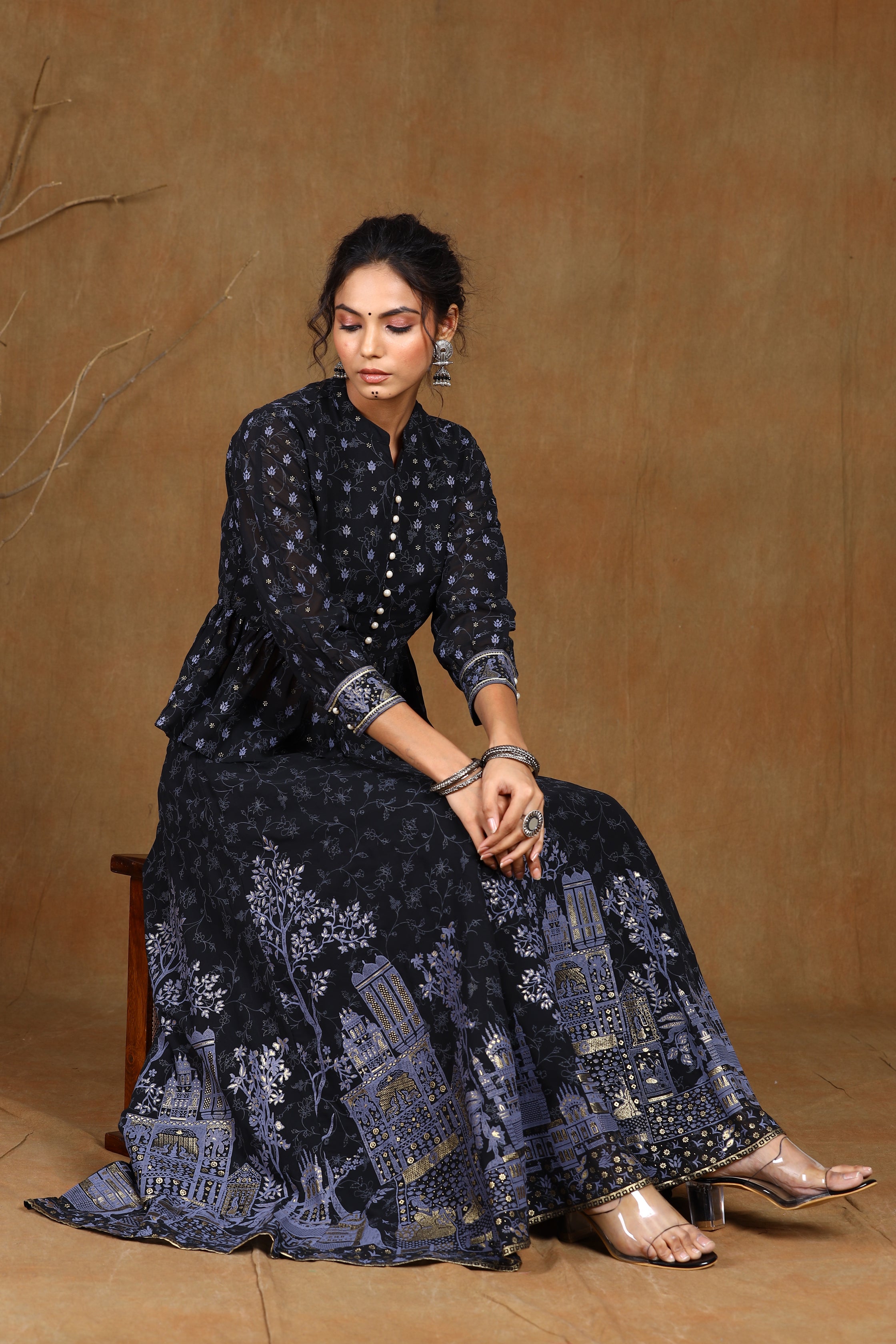 Black Georgette Printed Lehenga Choli Set