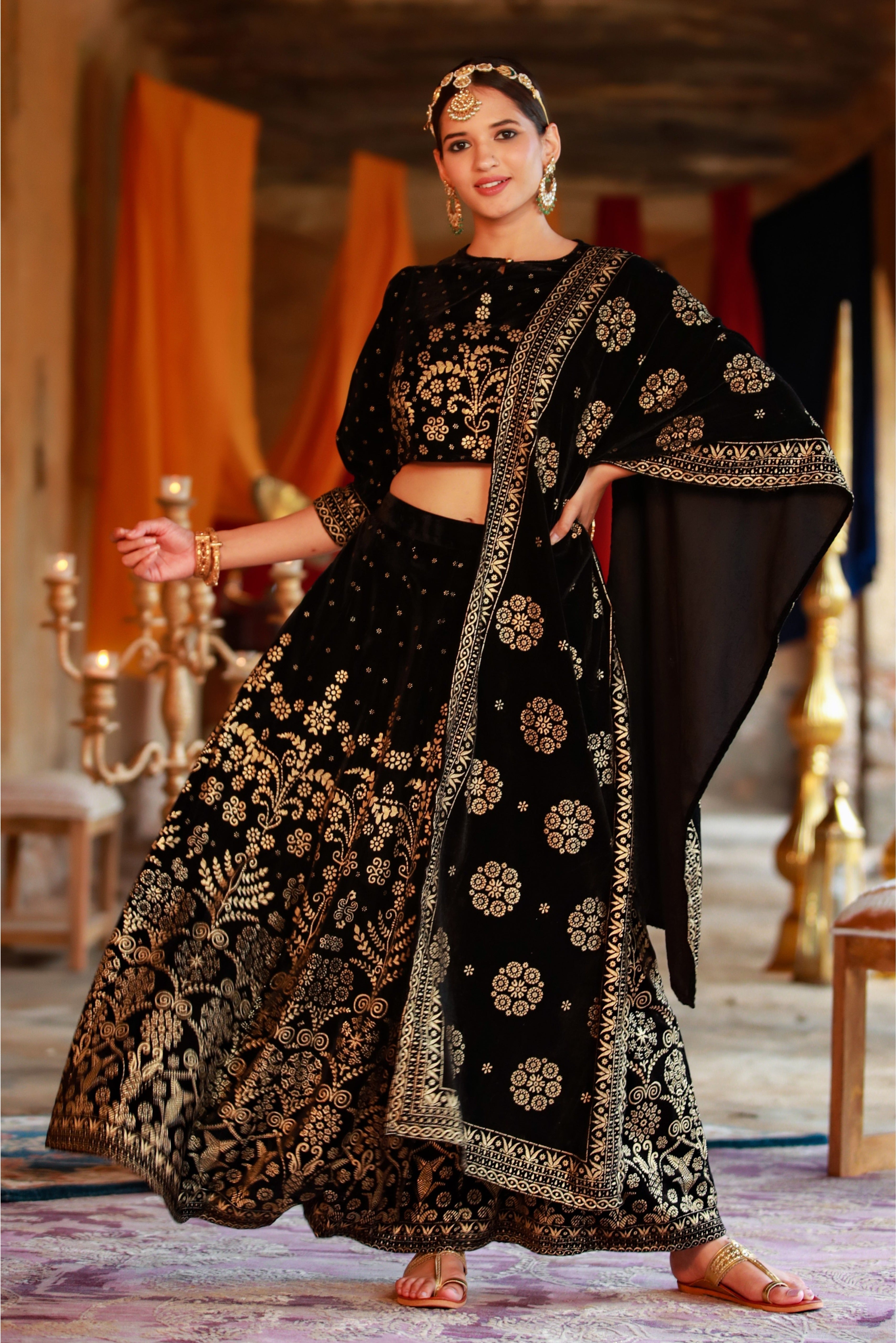 Black Velvet Printed Lehenga, Choli & Dupatta Set