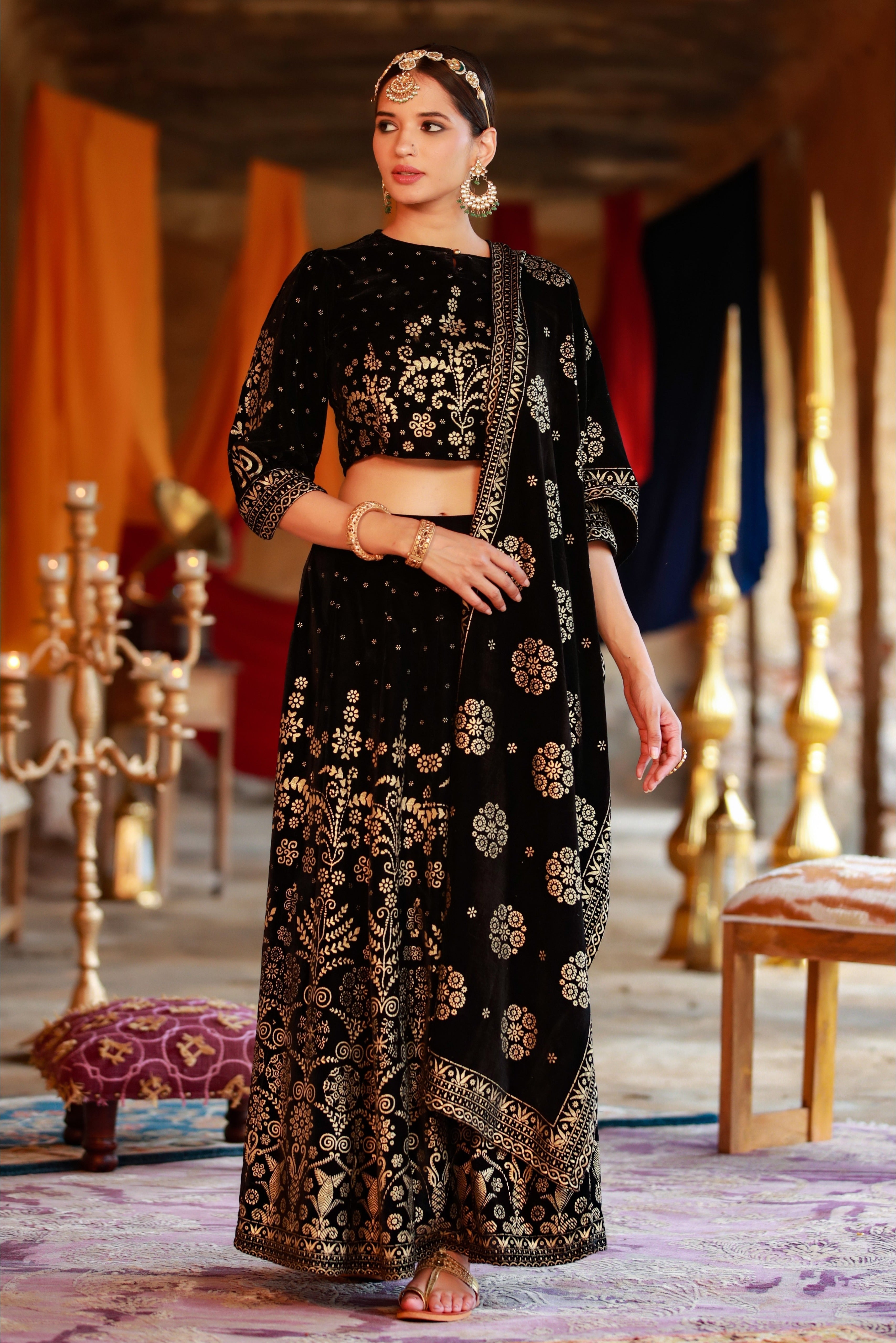 Black Velvet Printed Lehenga, Choli & Dupatta Set