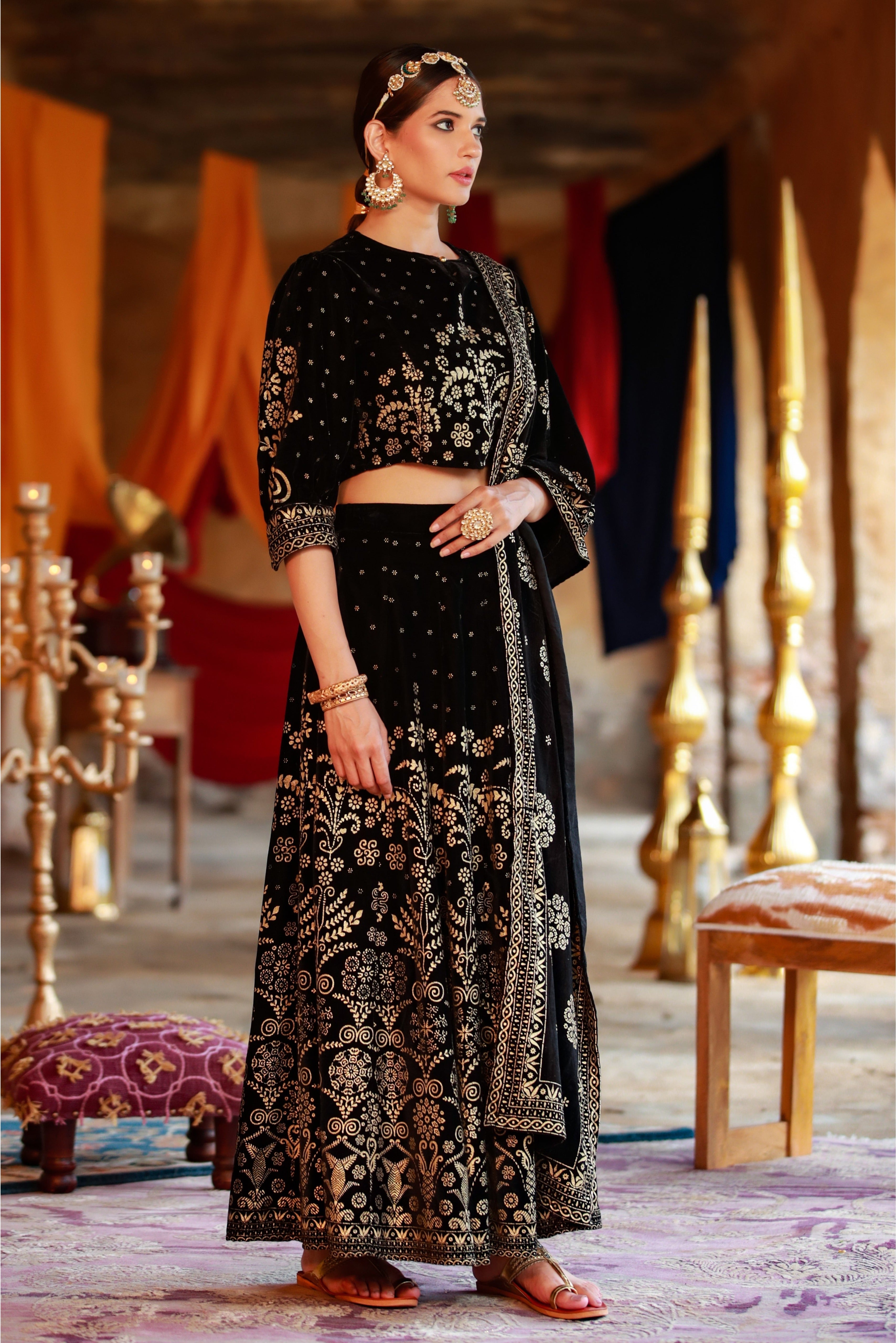 Black Velvet Printed Lehenga, Choli & Dupatta Set