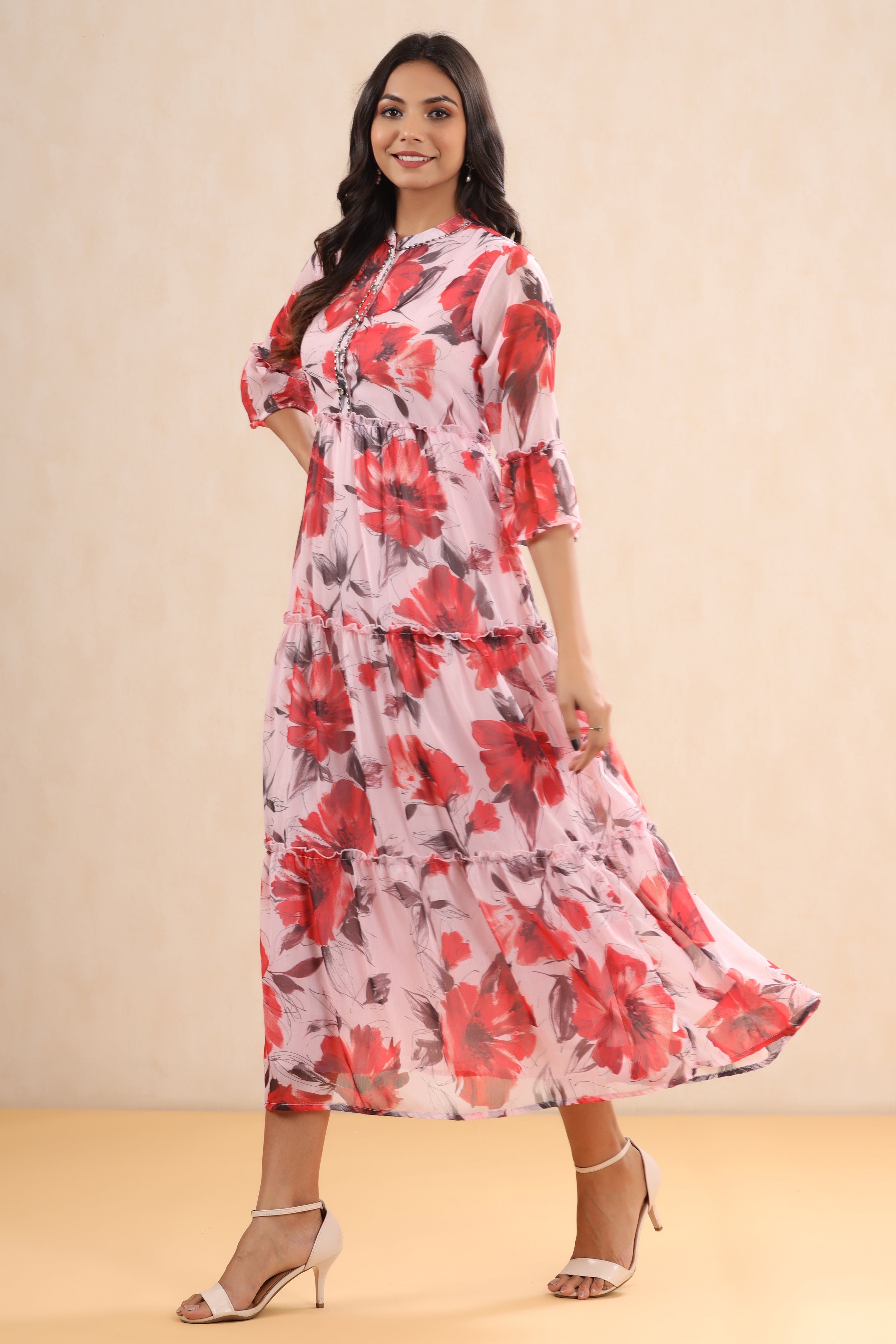 Women Pink Chiffon Floral Dress