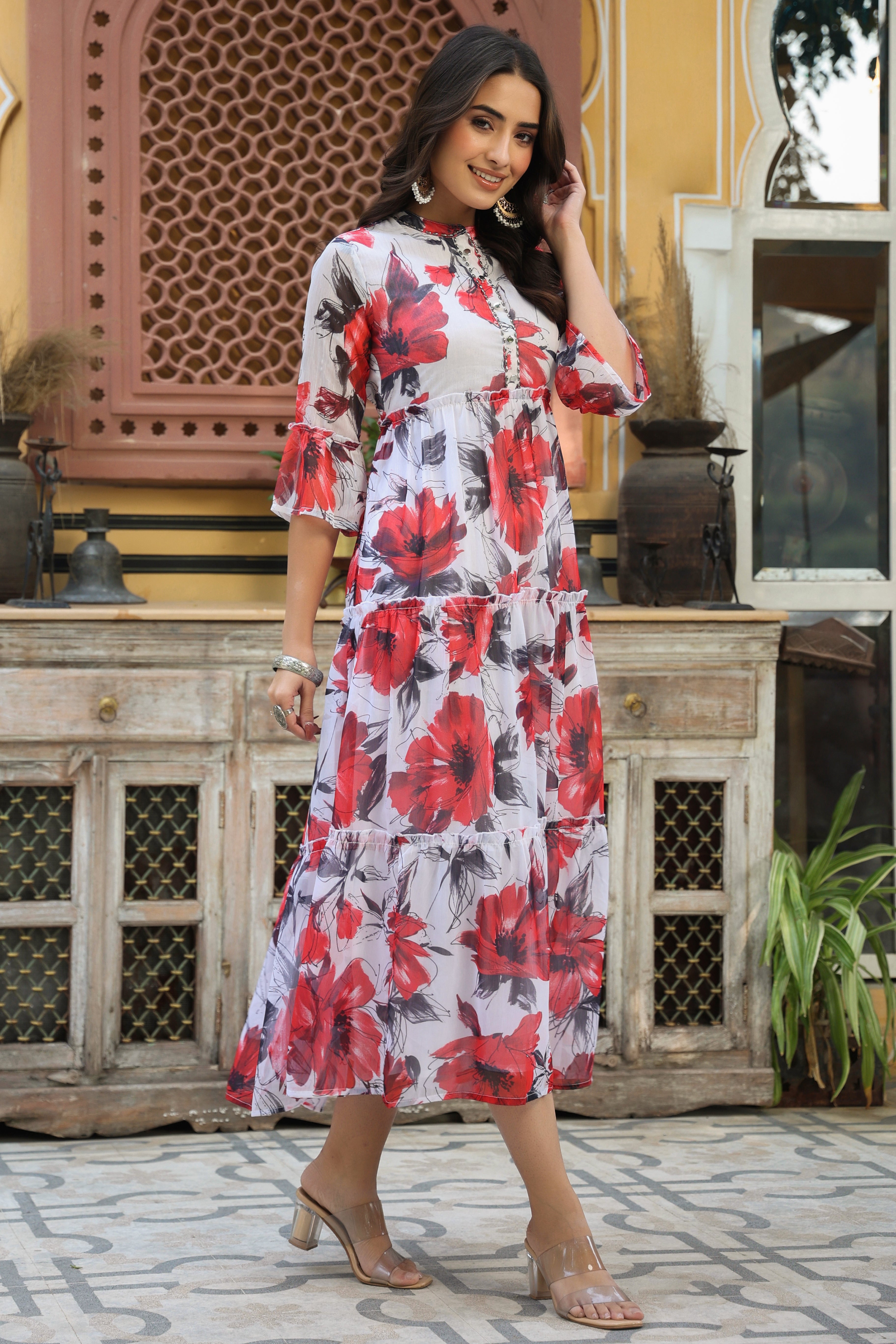 Women White Chiffon Printed Dress