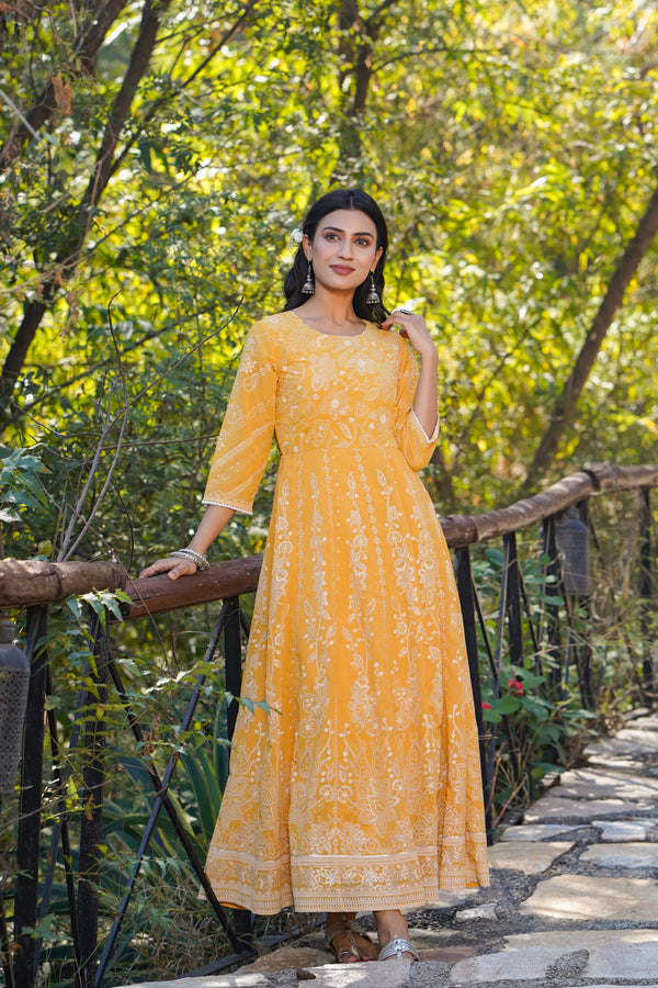 Women Yellow Georgette Printed Dress