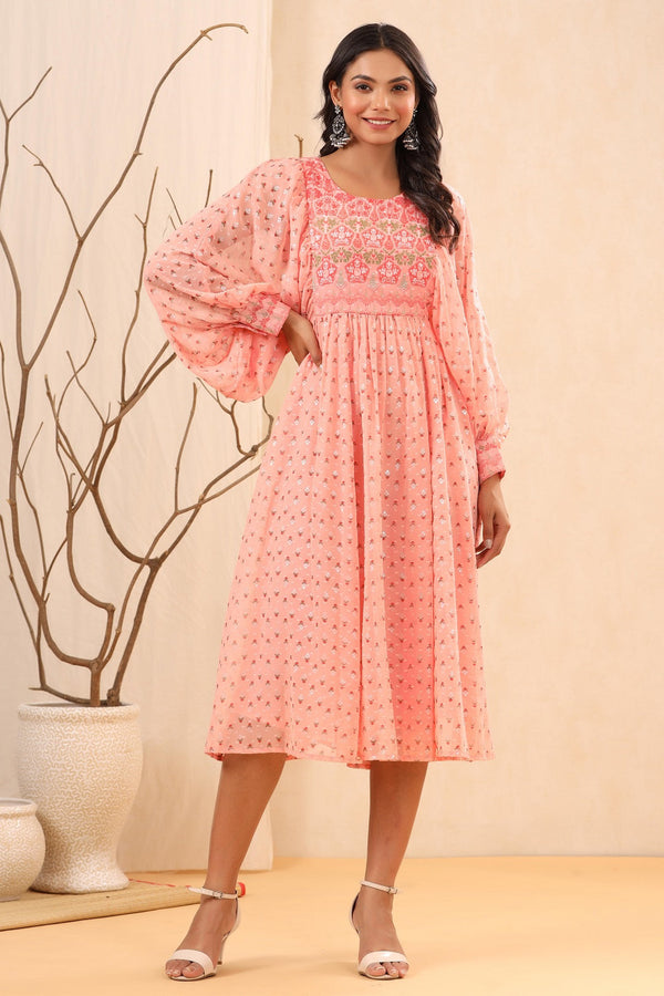 Women Peach Georgette Printed Dress