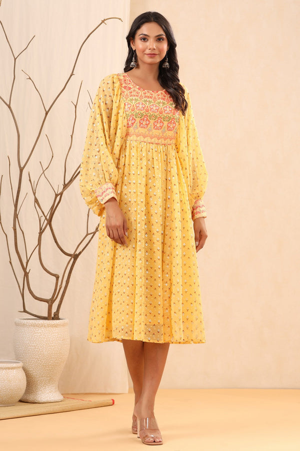 Women Yellow Georgette Printed Dress