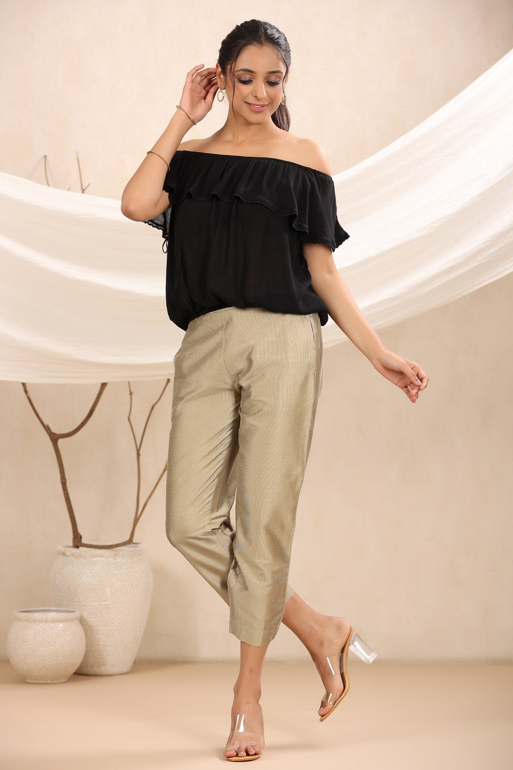 Beige Silk Solid Slim Fit Pants