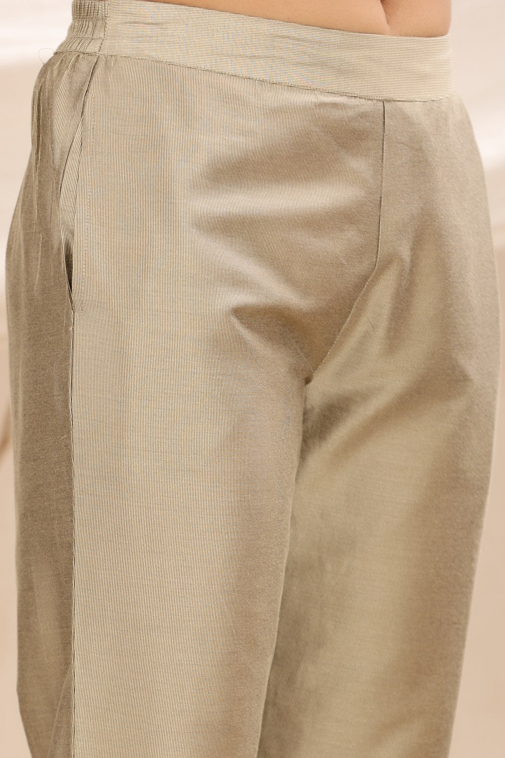 Beige Silk Solid Slim Fit Pants