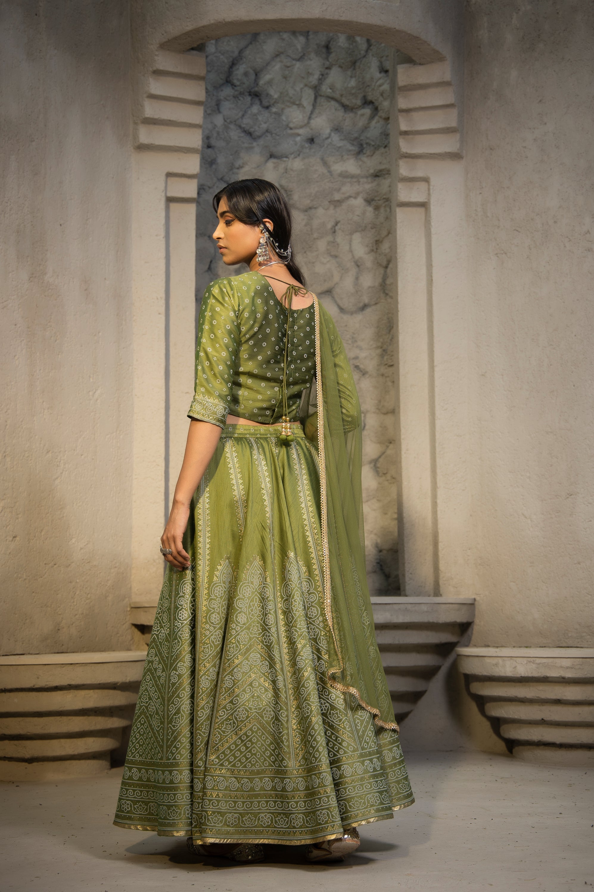 Green Shantoon Slub Printed Lehenga, Choli & Dupatta Set