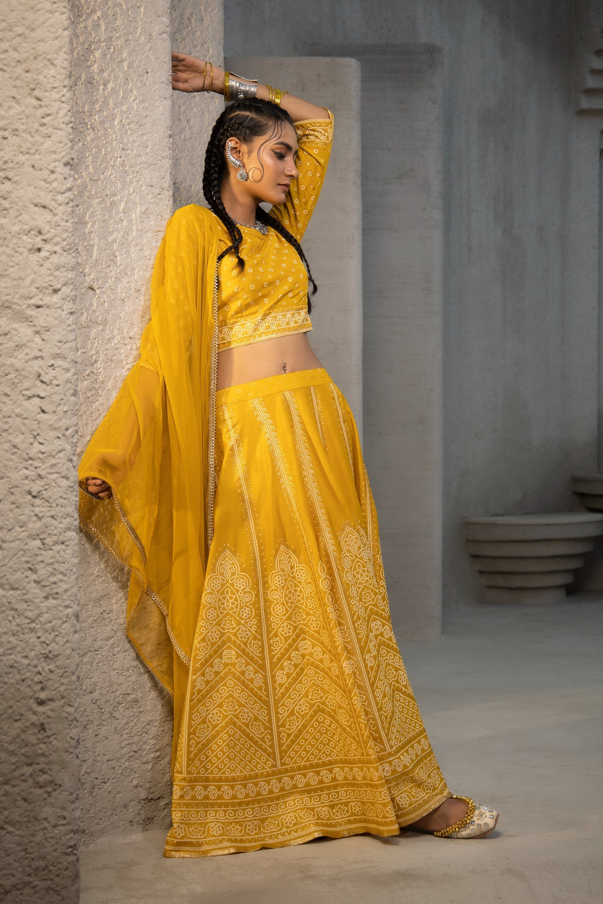 Mustard Shantoon Slub Printed Lehenga, Choli & Dupatta Set