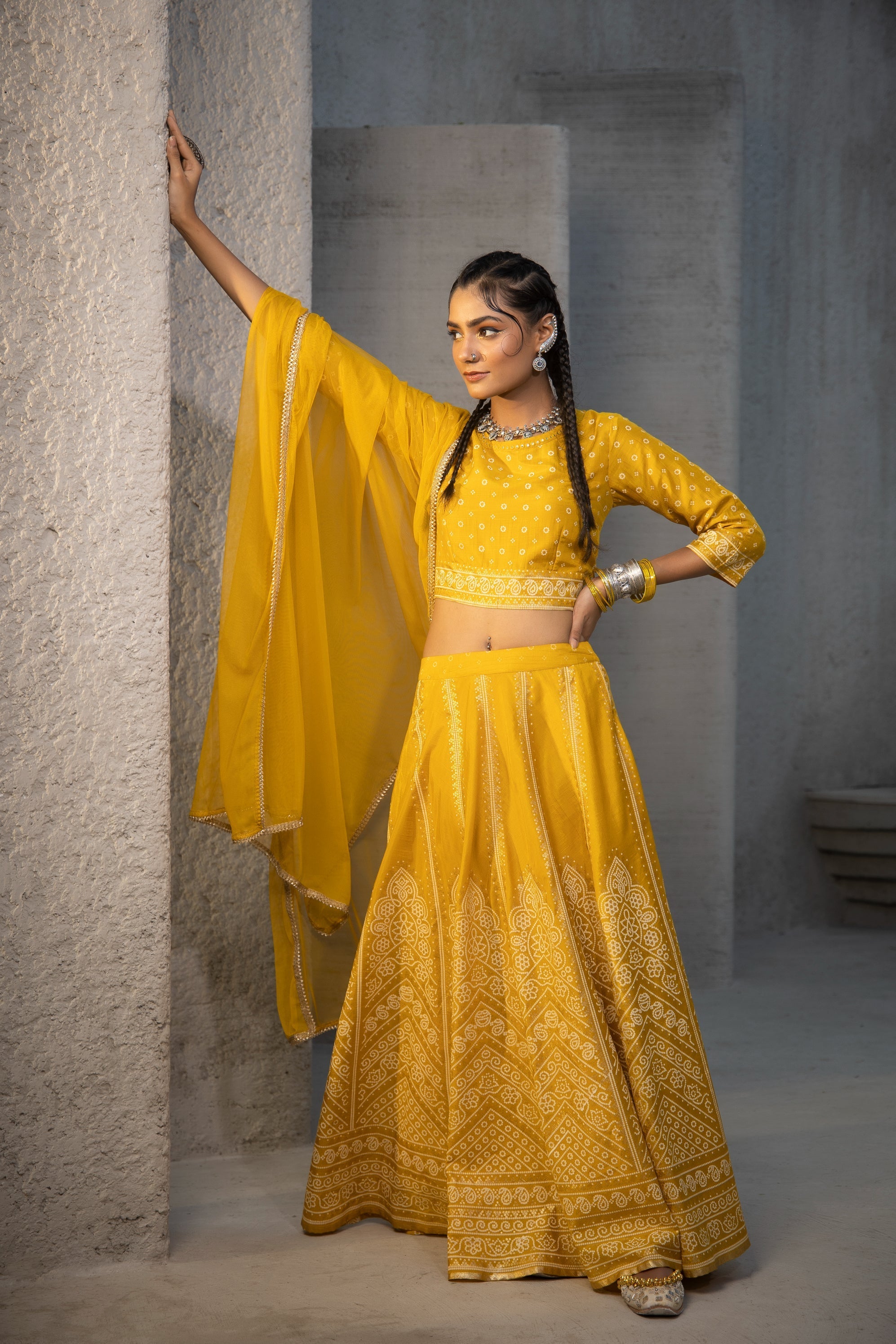 Mustard Shantoon Slub Printed Lehenga, Choli & Dupatta Set