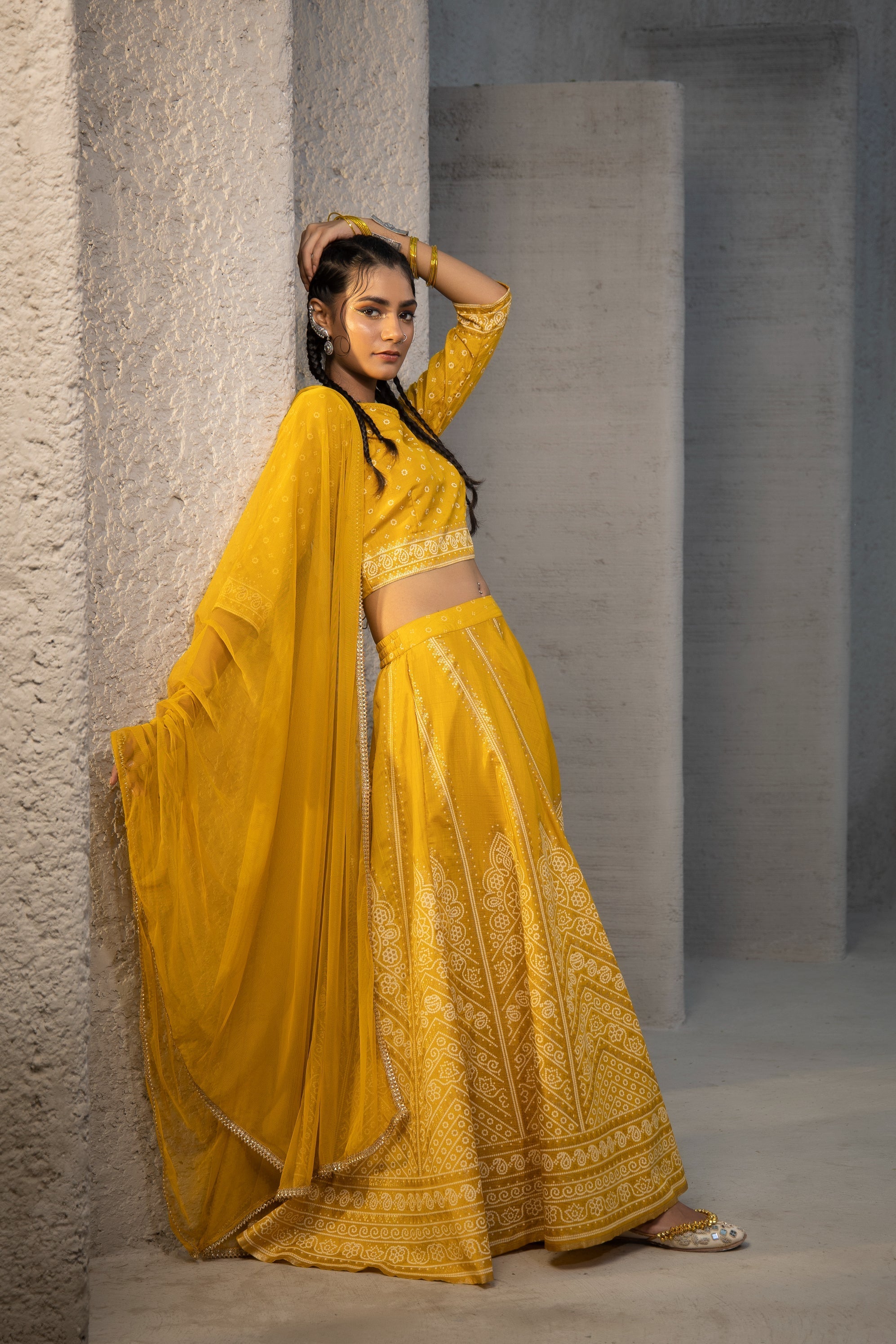 Mustard Shantoon Slub Printed Lehenga, Choli & Dupatta Set