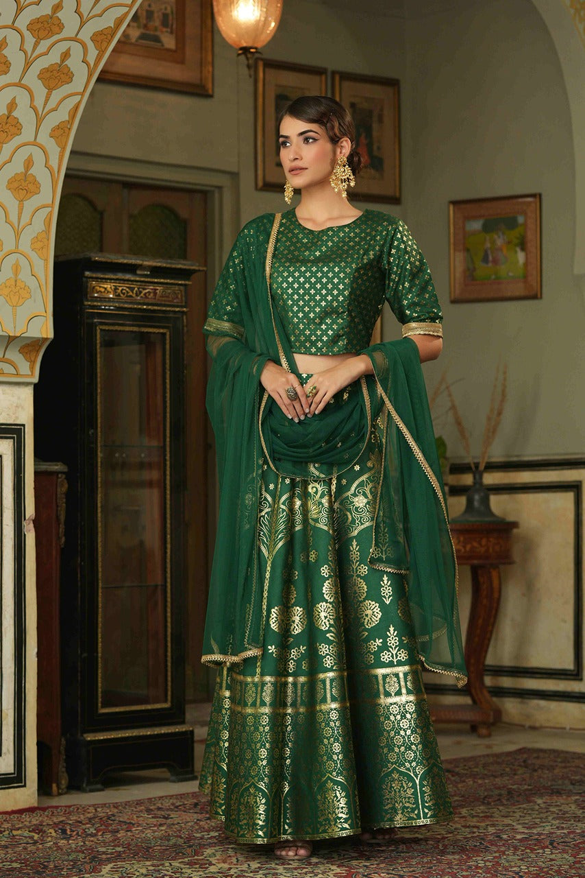 Green Shantoon Slub Printed Lehenga, Choli & Dupatta Set