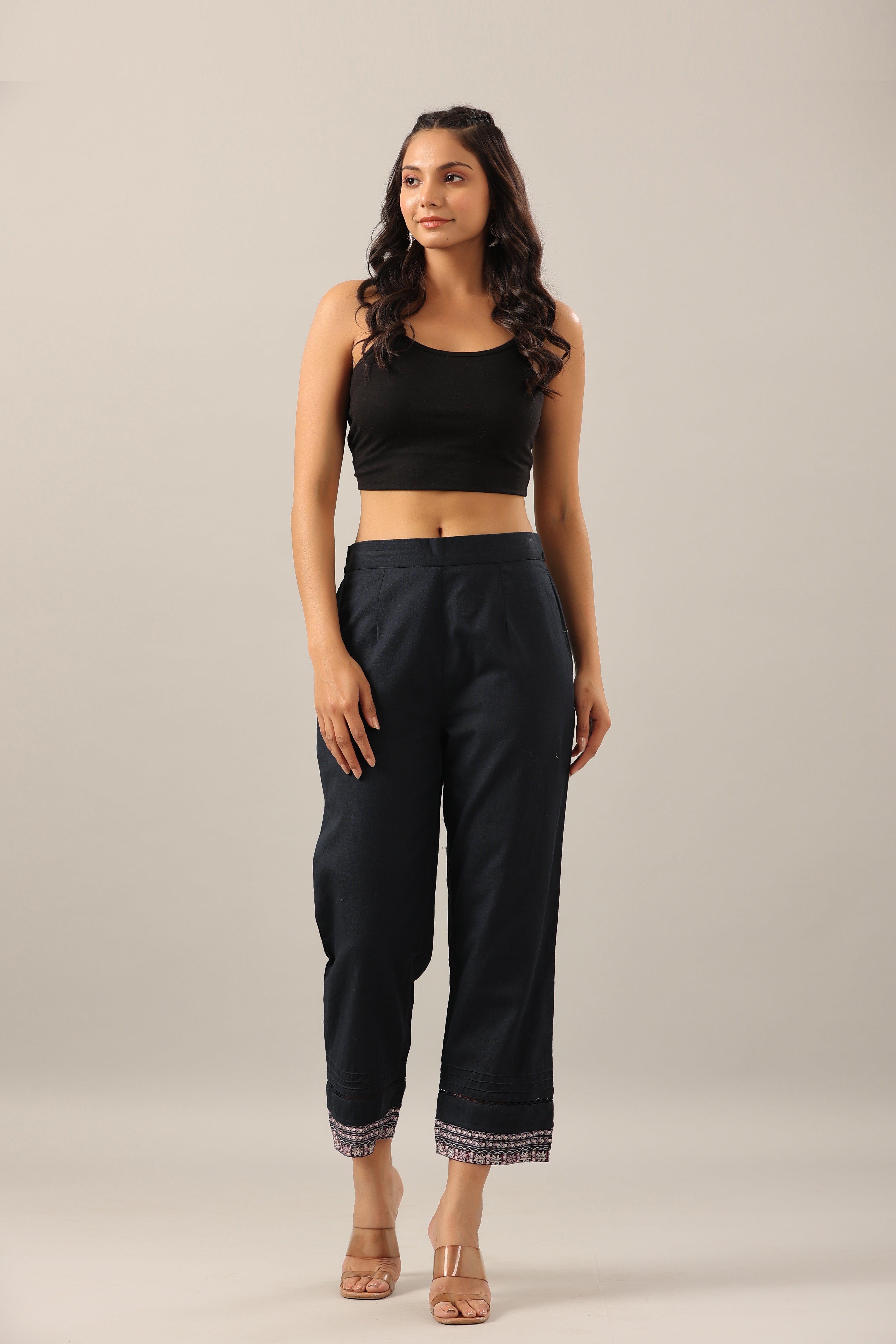 Women Navy Blue Cotton Flex Solid Pant