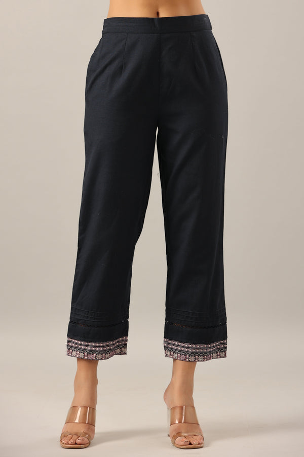 Women Navy Blue Cotton Flex Solid Pant