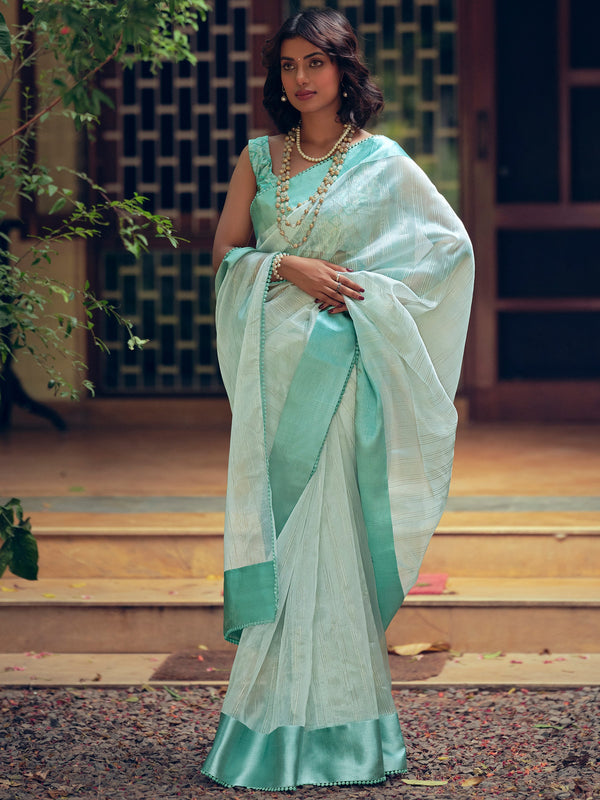 Sky Blue Organza Woven Saree | womensfashionfun