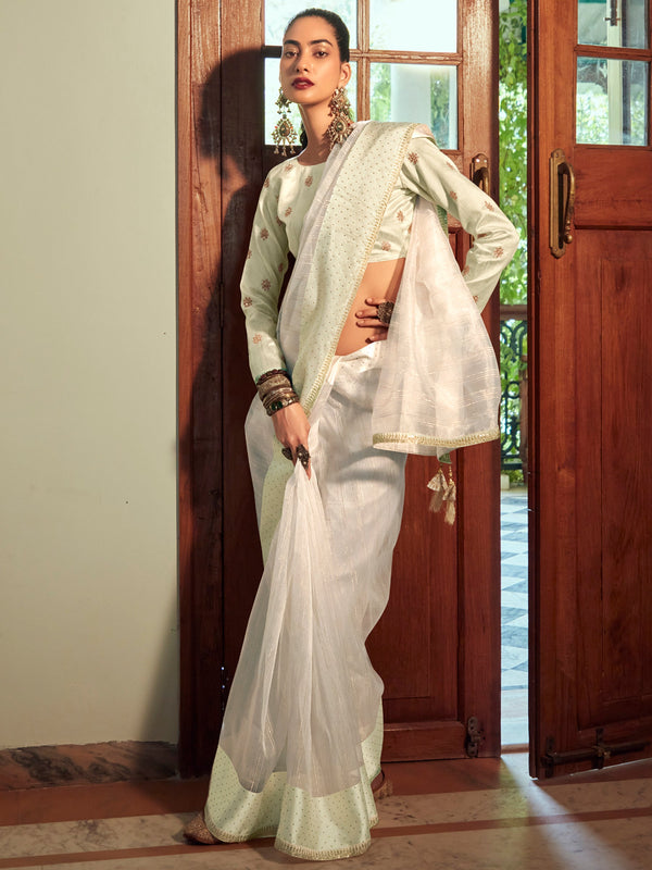 Cream Organza Woven Saree | womensfashionfun