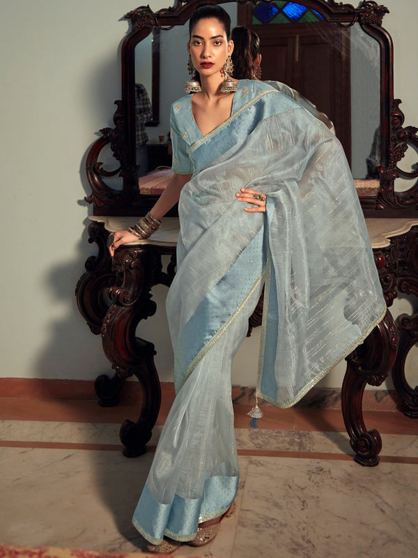 Sky Blue Organza Woven Saree | womensfashionfun