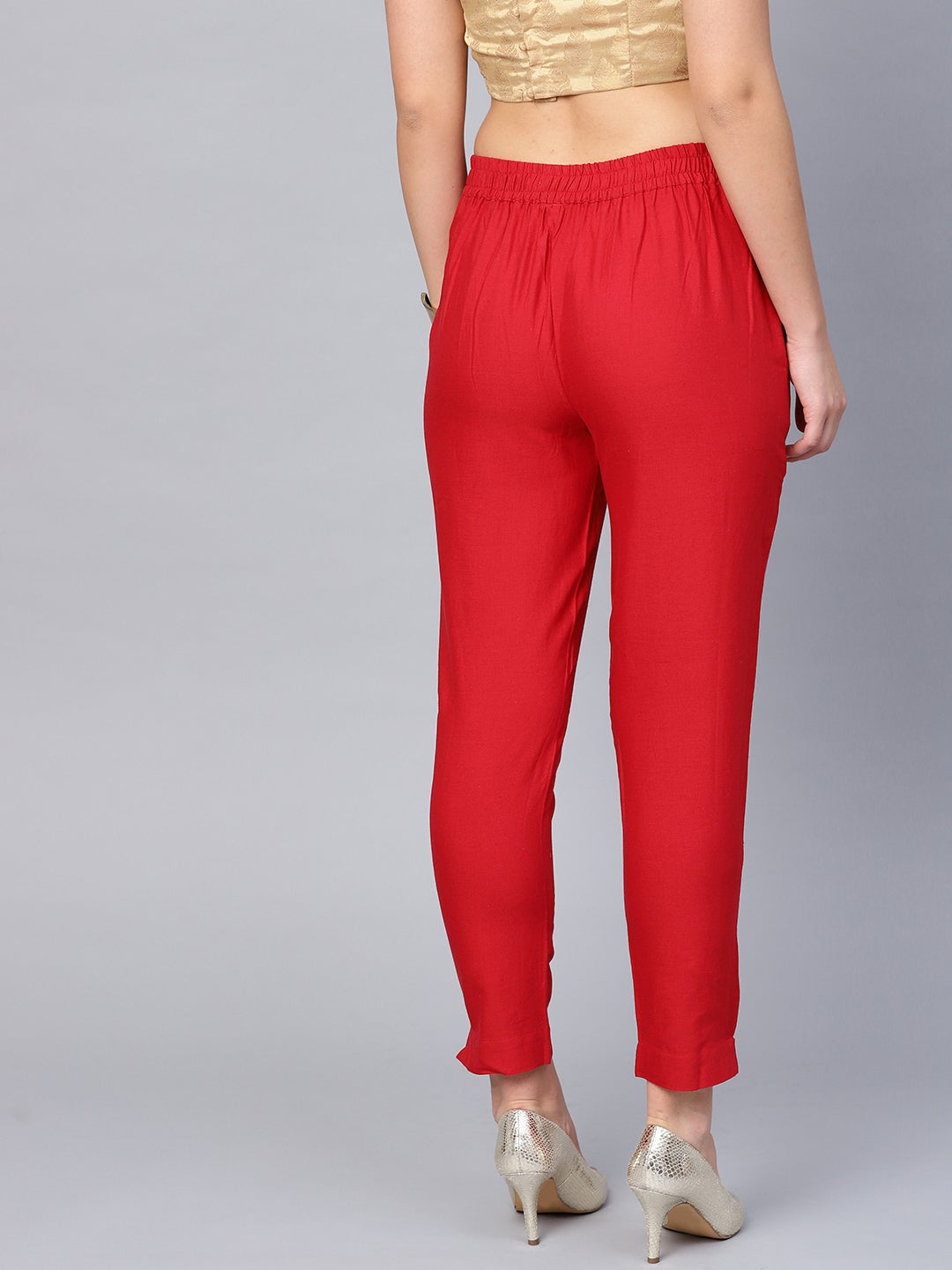 Women Red Cotton Flex Solid Pant