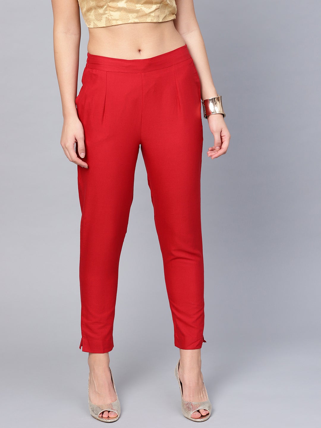 Women Red Cotton Flex Solid Pant