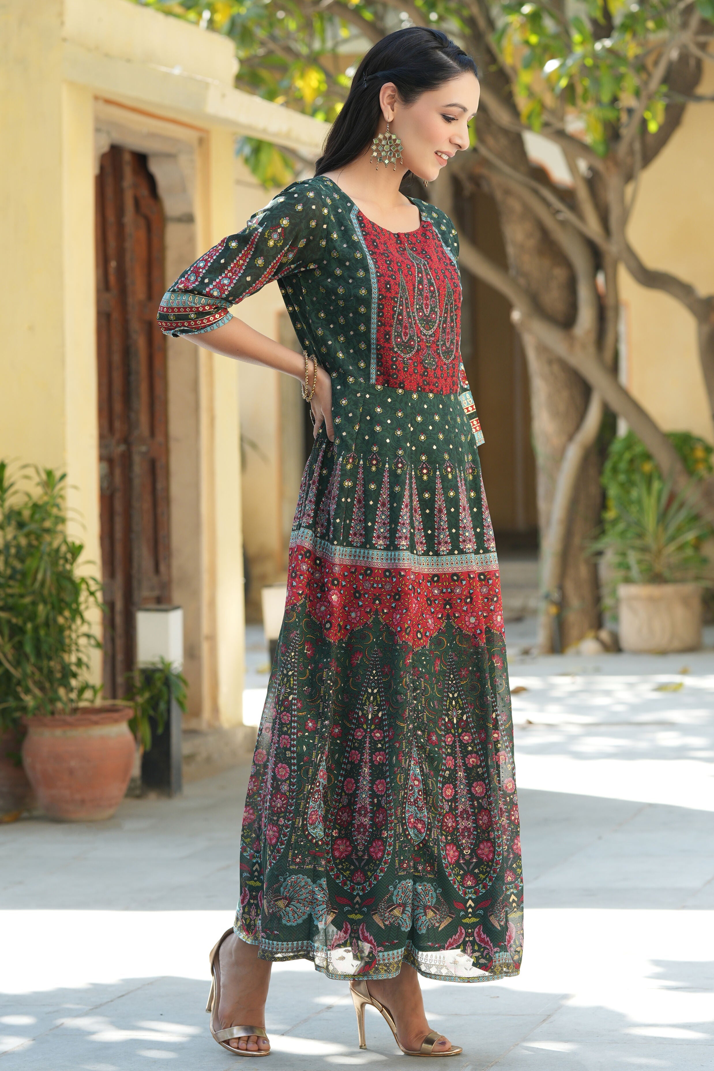 Women Jade Green Georgette Printed Dress