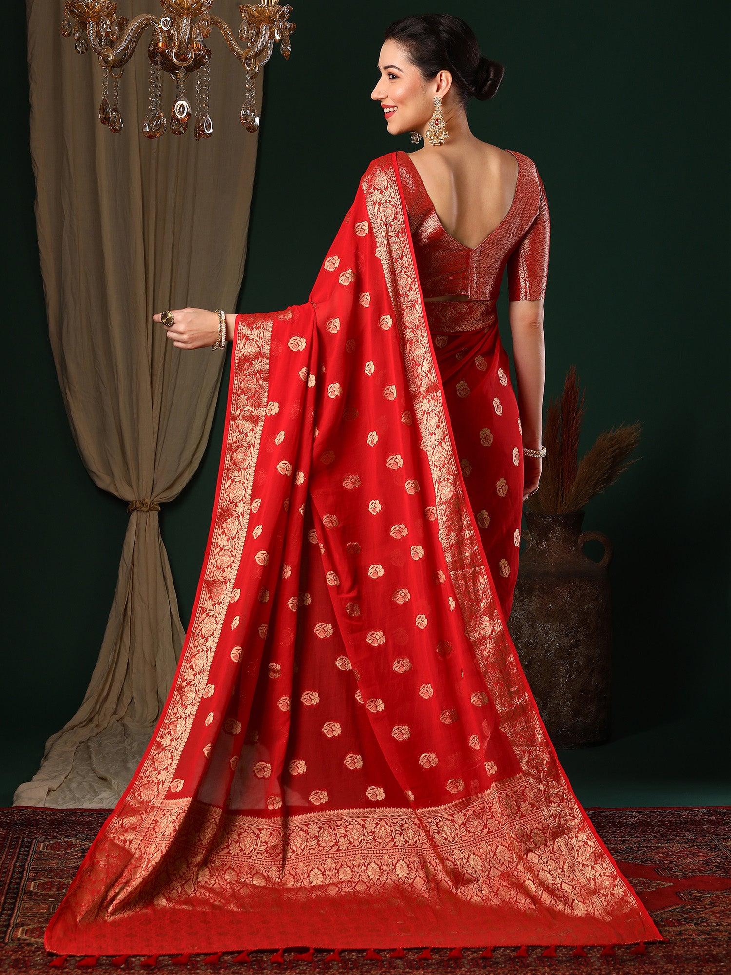 Women's Georgette Red Woven Design Designer Saree With Blouse Piece