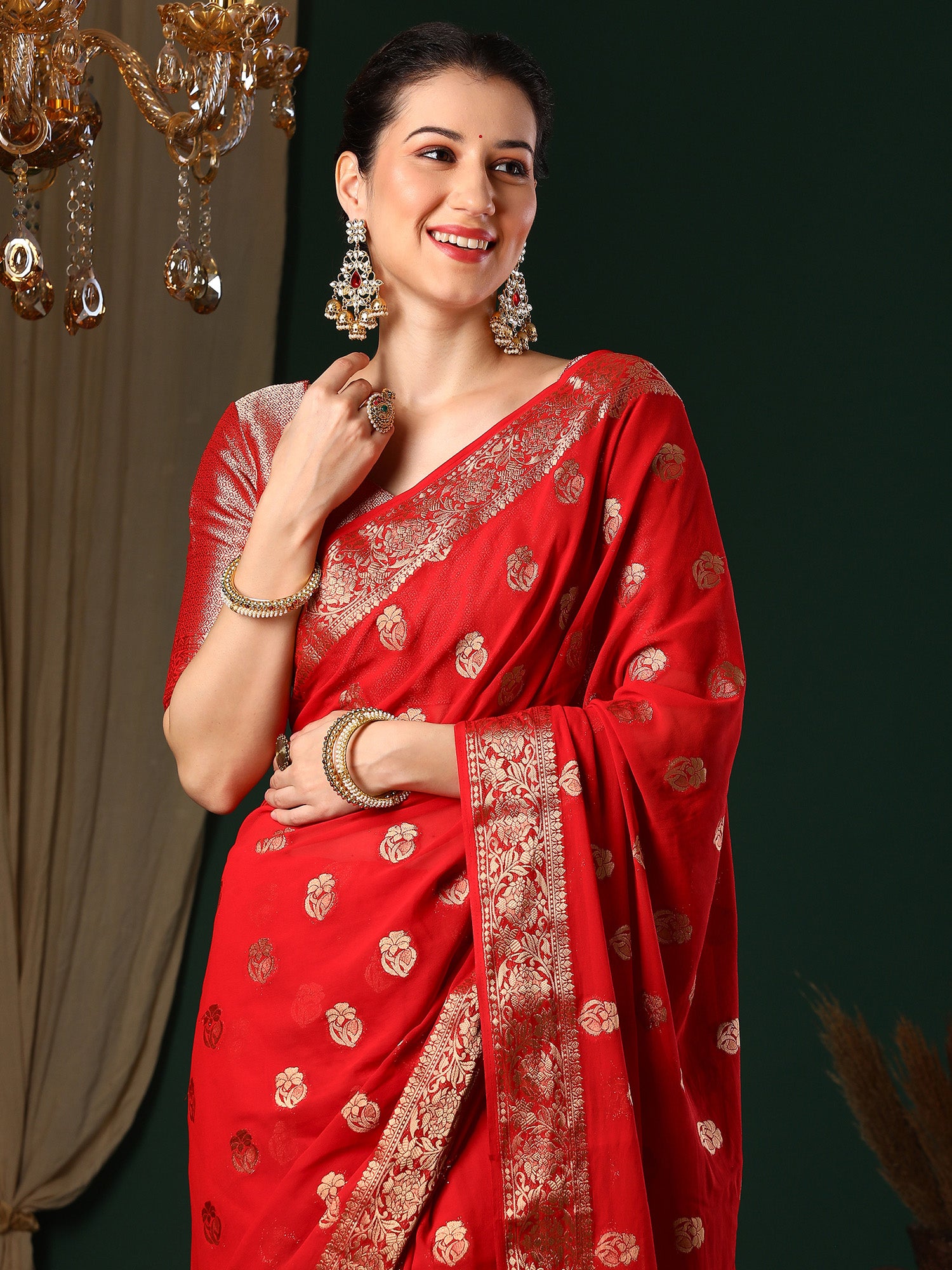 Women's Georgette Red Woven Design Designer Saree With Blouse Piece