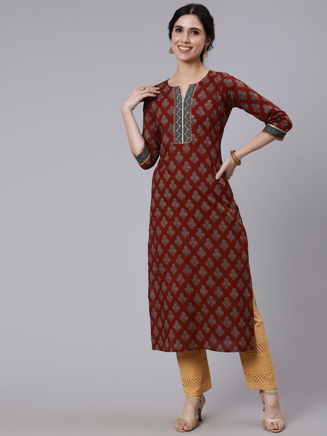 Women Maroon Printed Straight Kurta with Three Quarter Sleeves WomensFashionFun