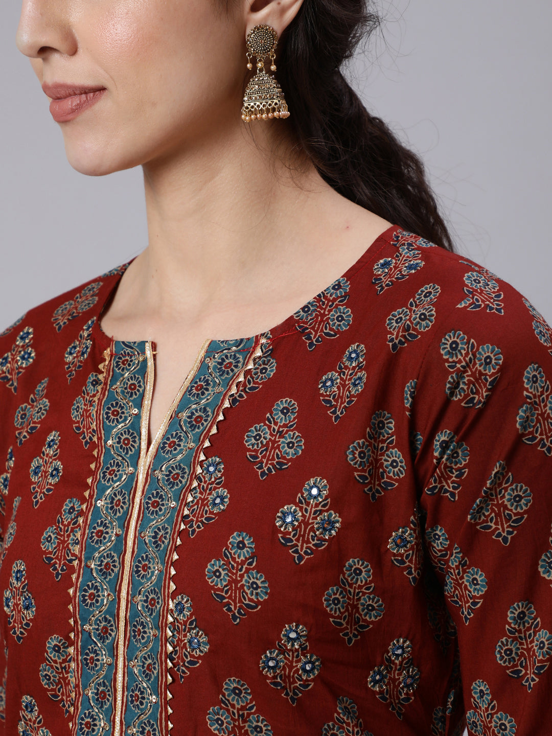 Women Maroon Printed Straight Kurta with Three Quarter Sleeves WomensFashionFun