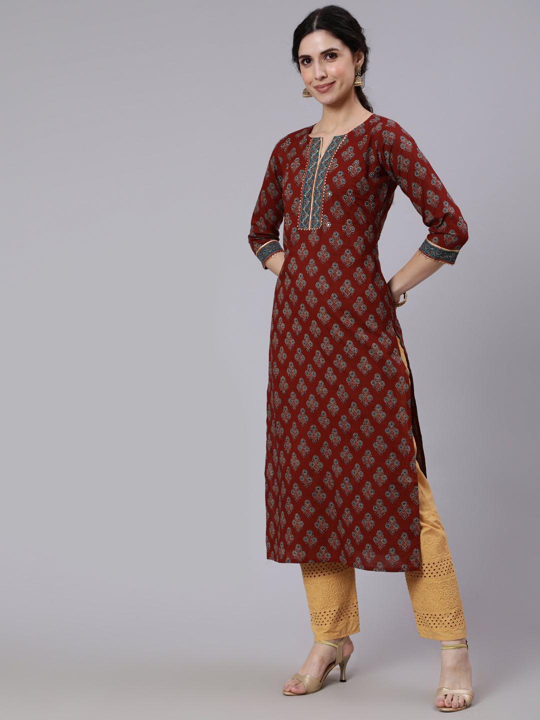 Women Maroon Printed Straight Kurta with Three Quarter Sleeves WomensFashionFun