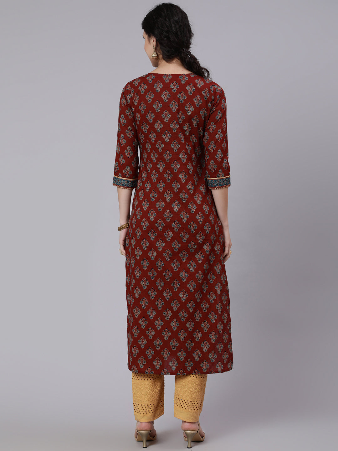 Women Maroon Printed Straight Kurta with Three Quarter Sleeves WomensFashionFun