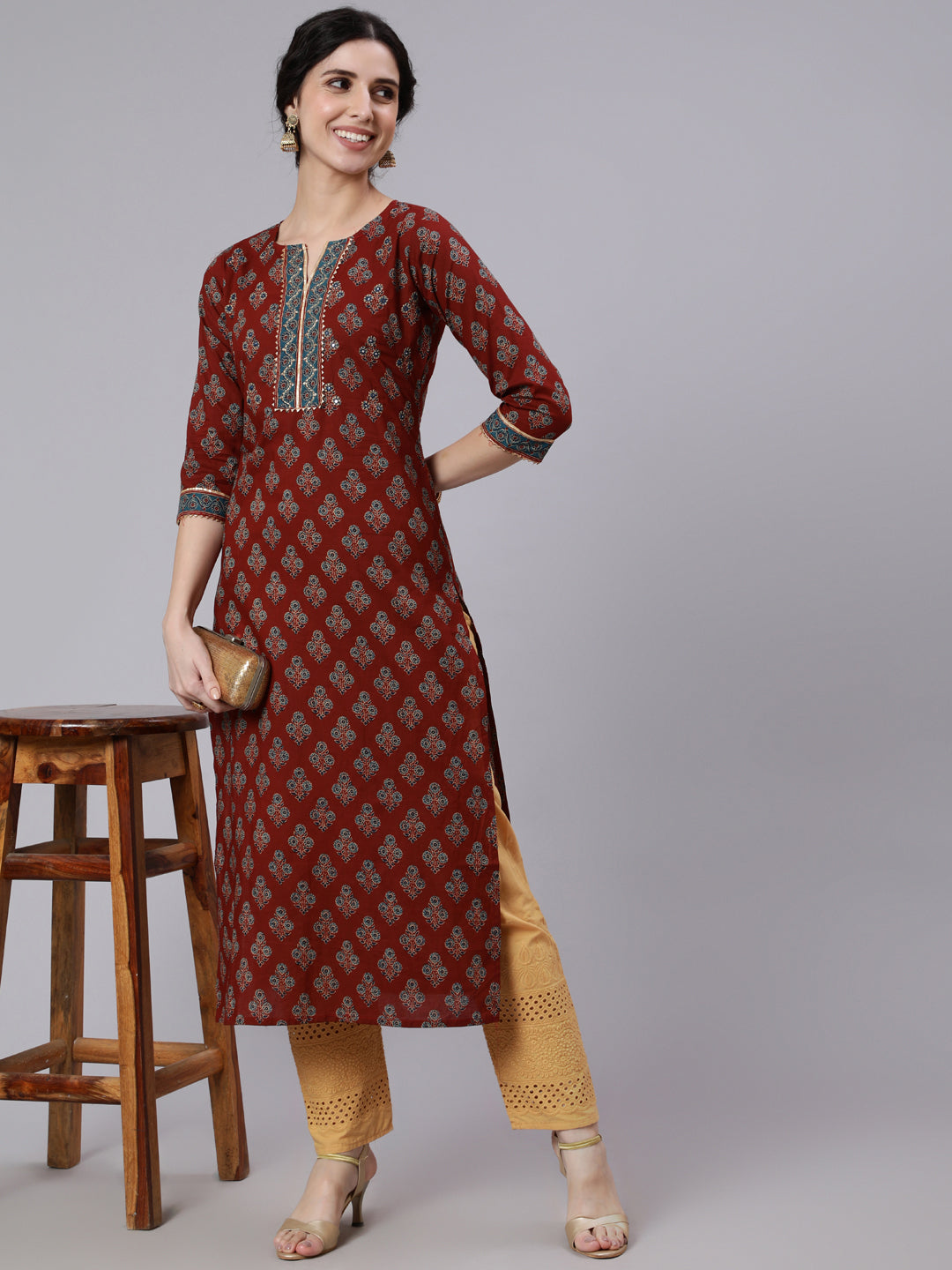 Women Maroon Printed Straight Kurta with Three Quarter Sleeves WomensFashionFun