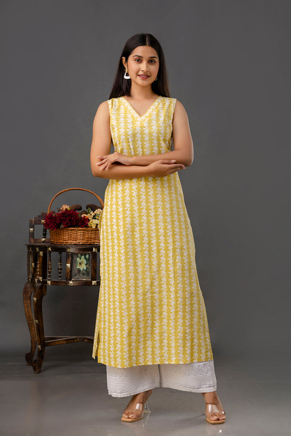 Yellow Printed Straight Sleeveless Kurta | WomensFashionFun