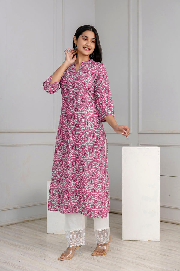 Mauve Printed Straight Kurta with Three Quarter Sleeves | WomensFashionFun