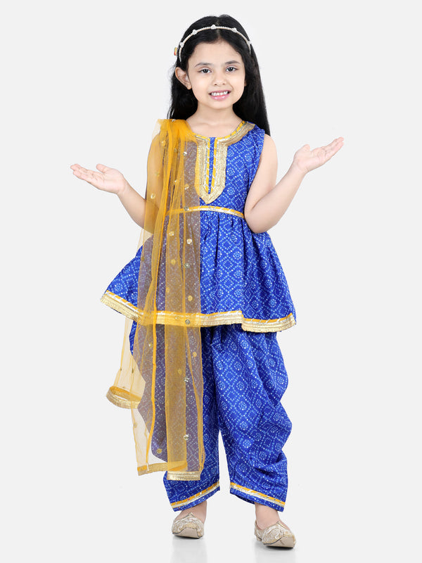 Girls  Bandhani Silk Peplum Style Kurti Dhoti With Dupatta Suits - Blue | WomensFashionFun