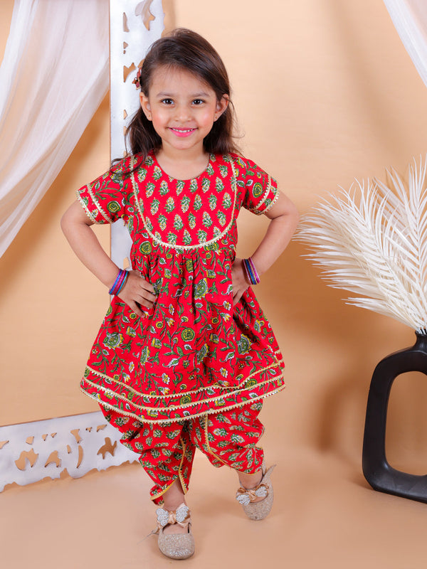 Girls Kids Wear Pure Cotton Printed Top With Dhoti -Red | WomensFashionFun