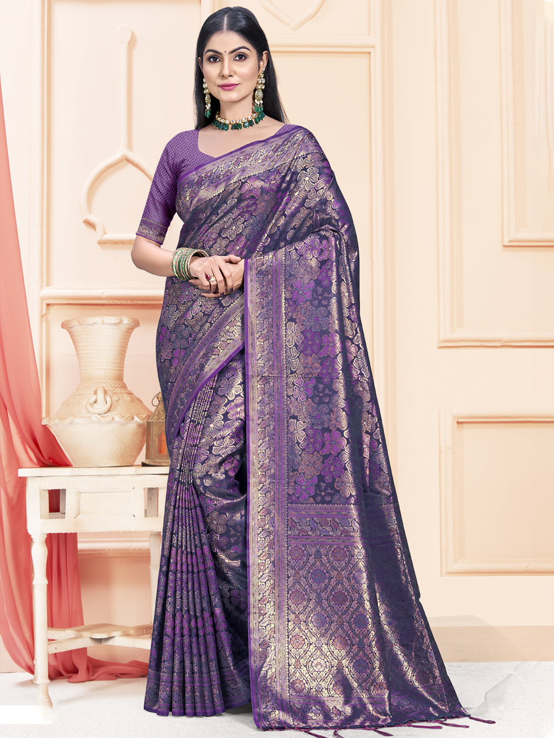 Women Lavender Satin Silk Woven Work Festival Saree