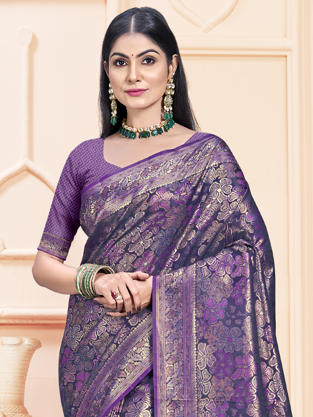 Women Lavender Satin Silk Woven Work Festival Saree