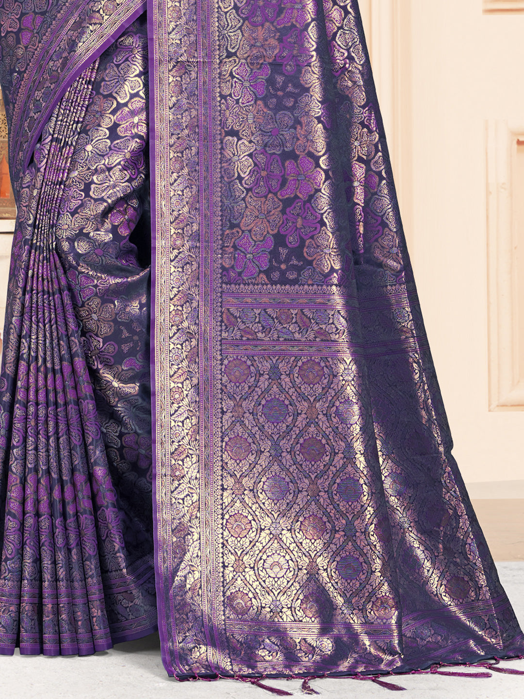 Women Lavender Satin Silk Woven Work Festival Saree