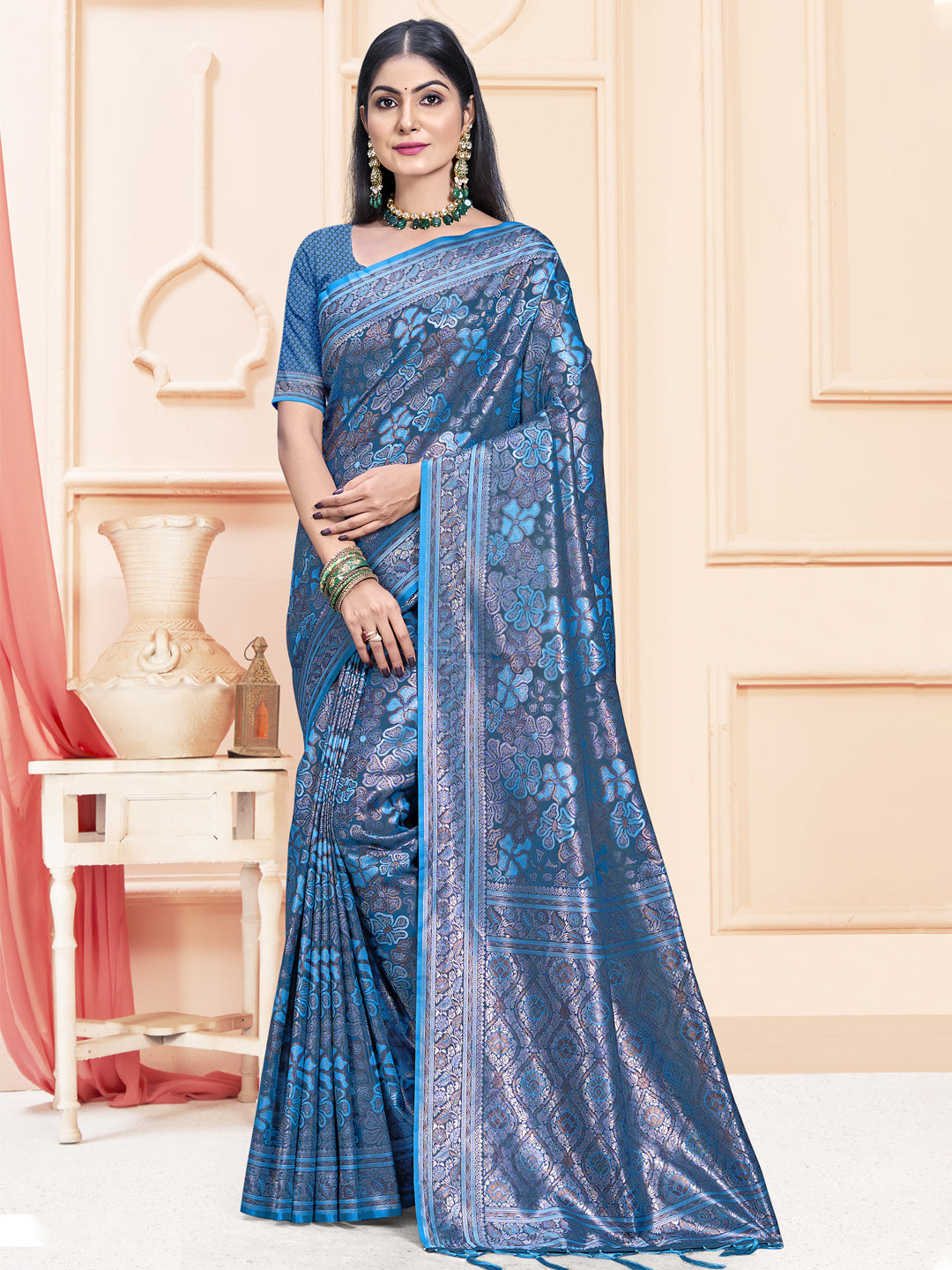 Women Blue Satin Silk Woven Work Festival Saree