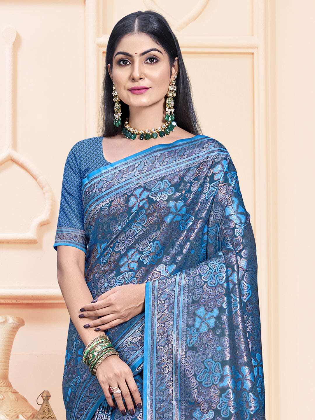 Women Blue Satin Silk Woven Work Festival Saree