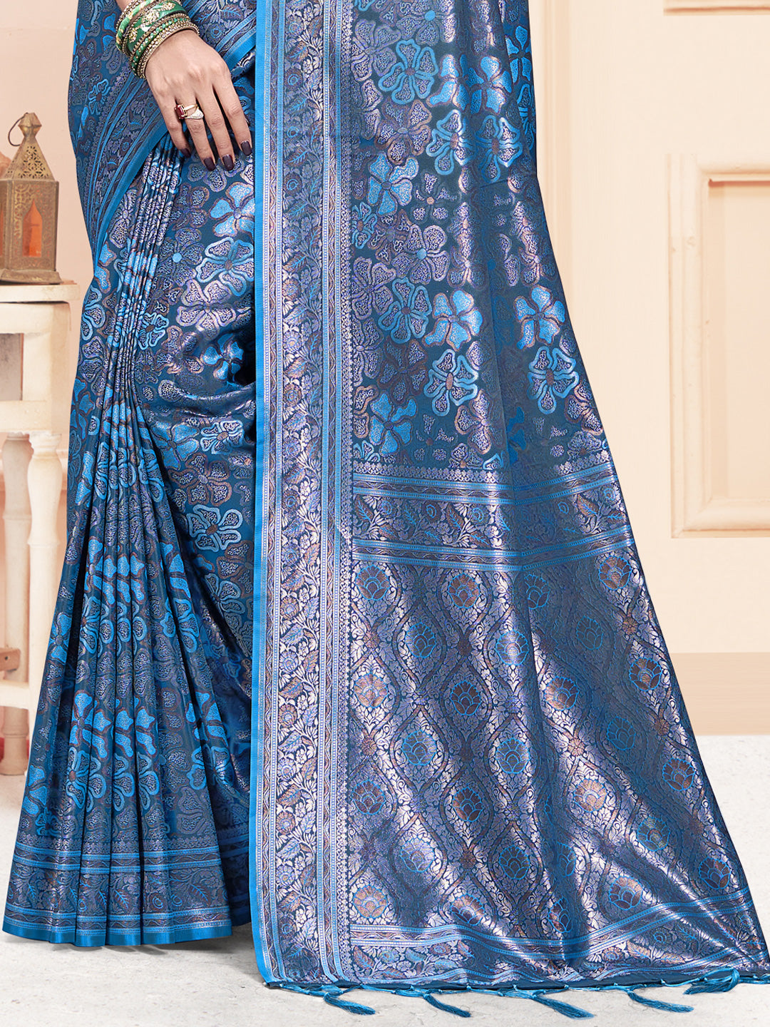 Women Blue Satin Silk Woven Work Festival Saree