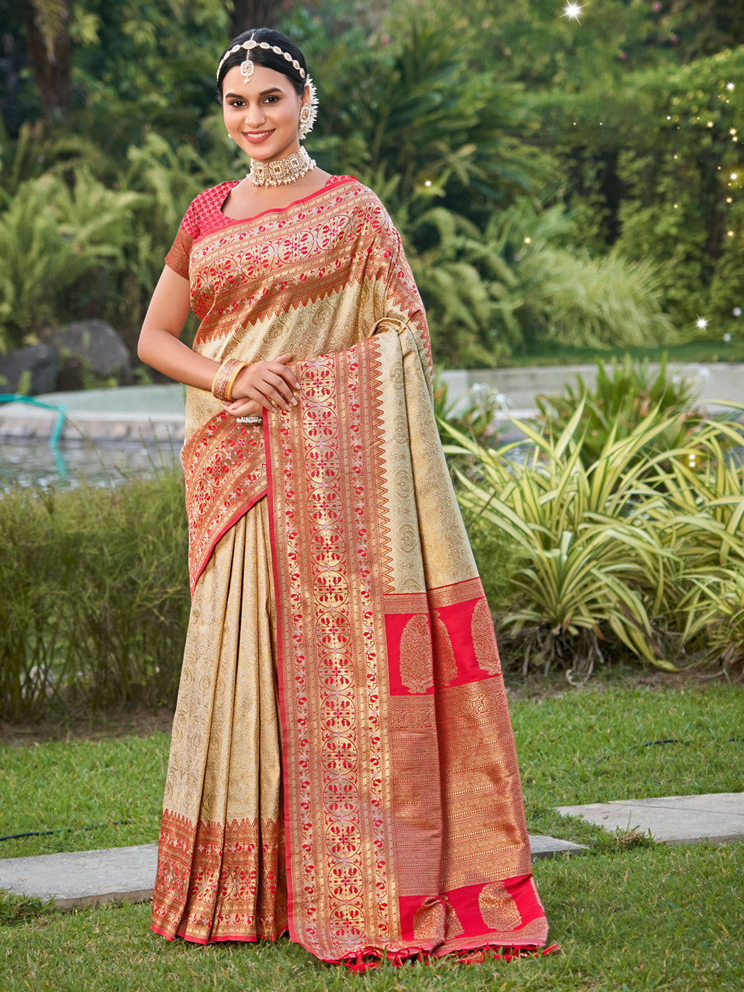 Women Pink Kanjivaram Silk Woven Work Traditional Tassels Saree