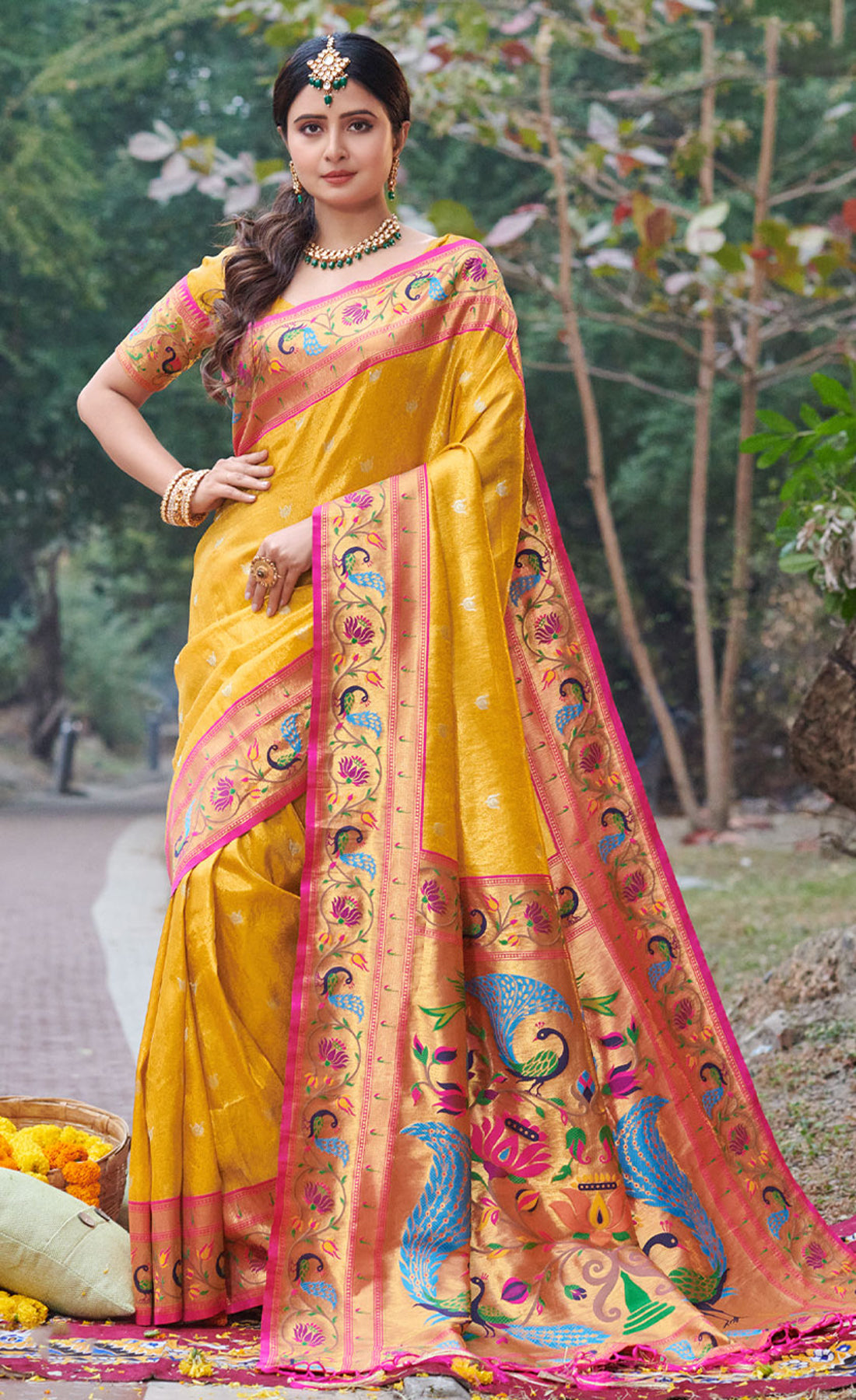 Women Yellow Paithani Silk Woven Zari Work Traditional Tassle Saree