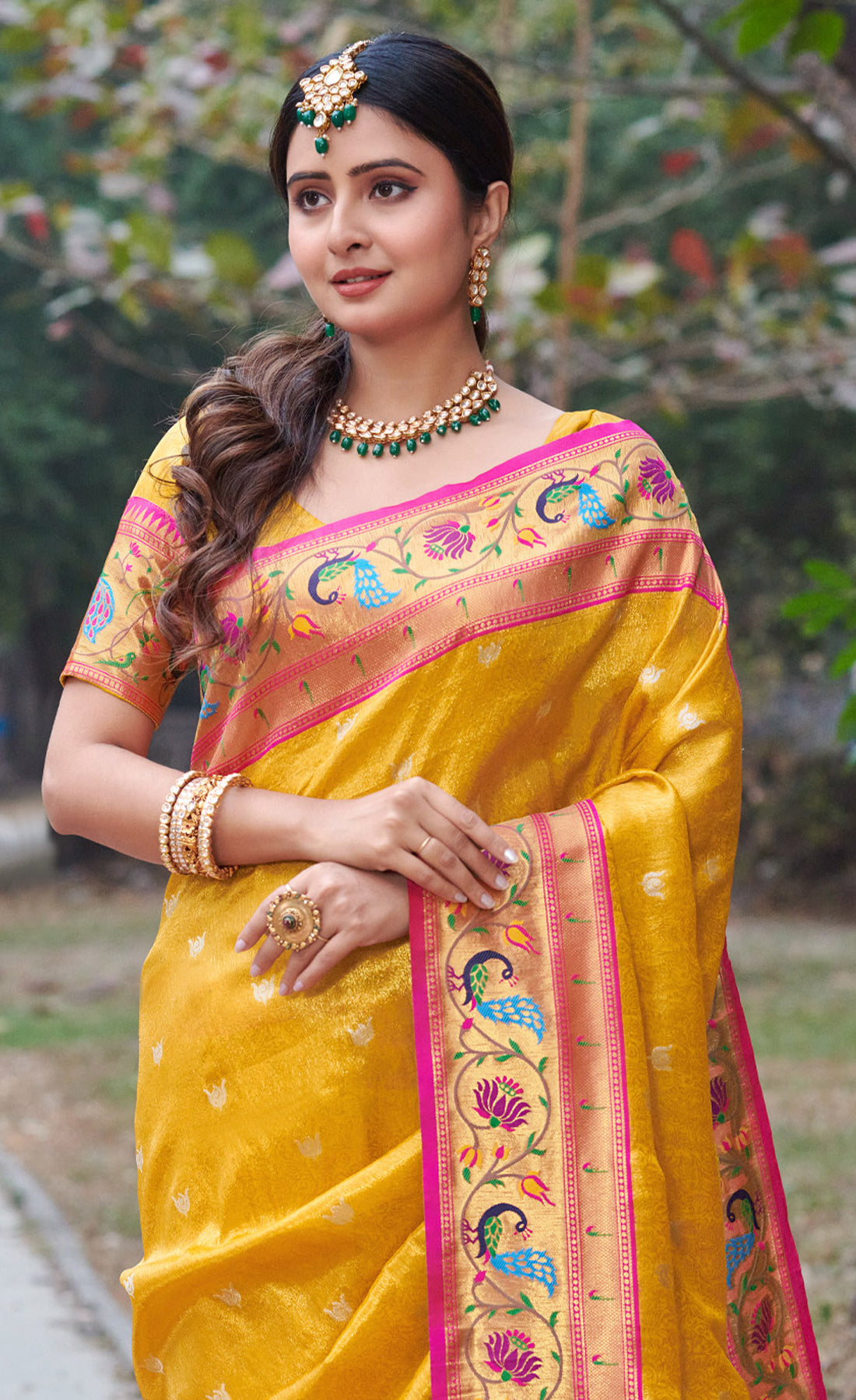 Women Yellow Paithani Silk Woven Zari Work Traditional Tassle Saree