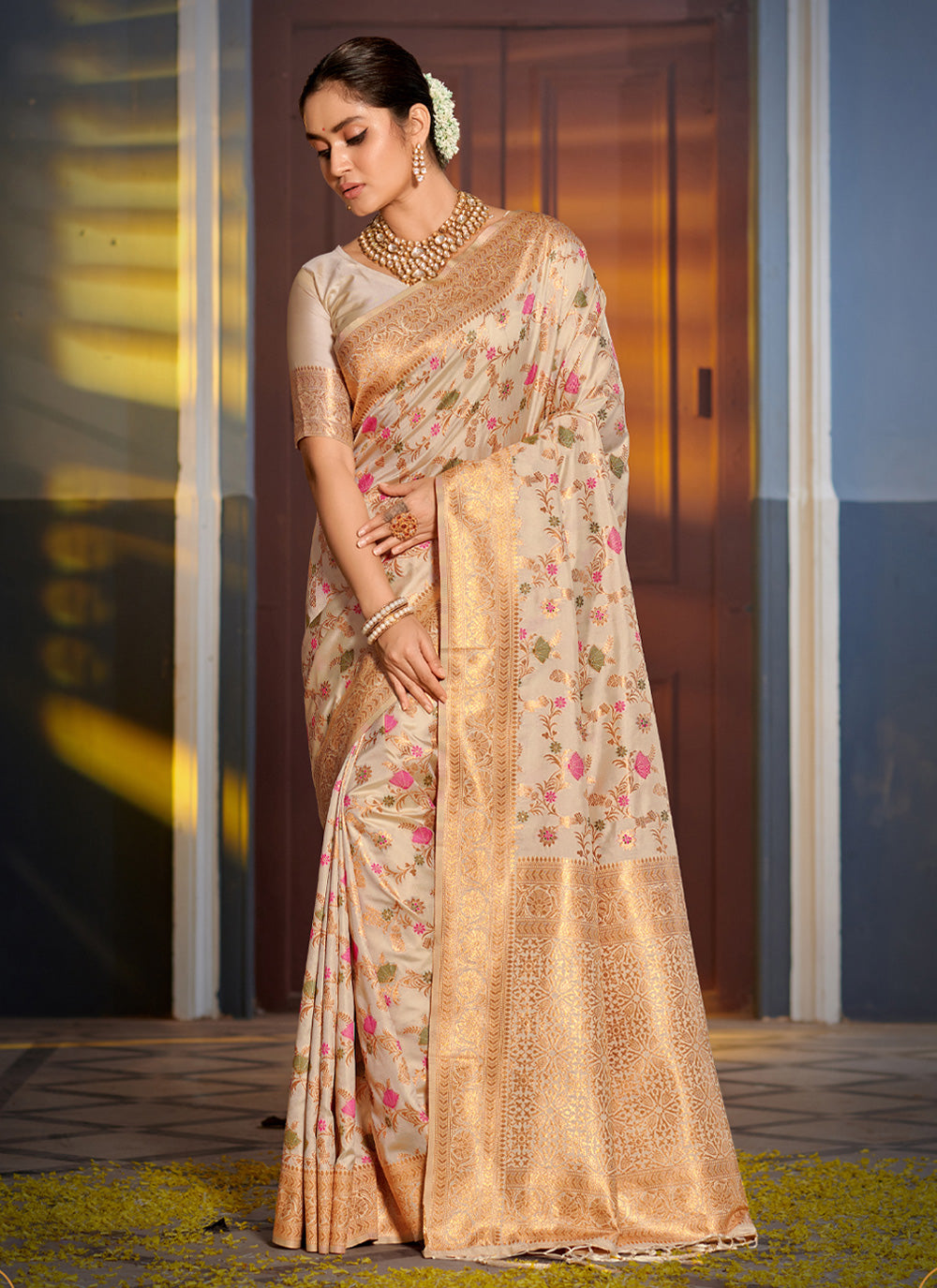 Women Cream Banarasi Silk Woven Work Traditional Tassels Saree