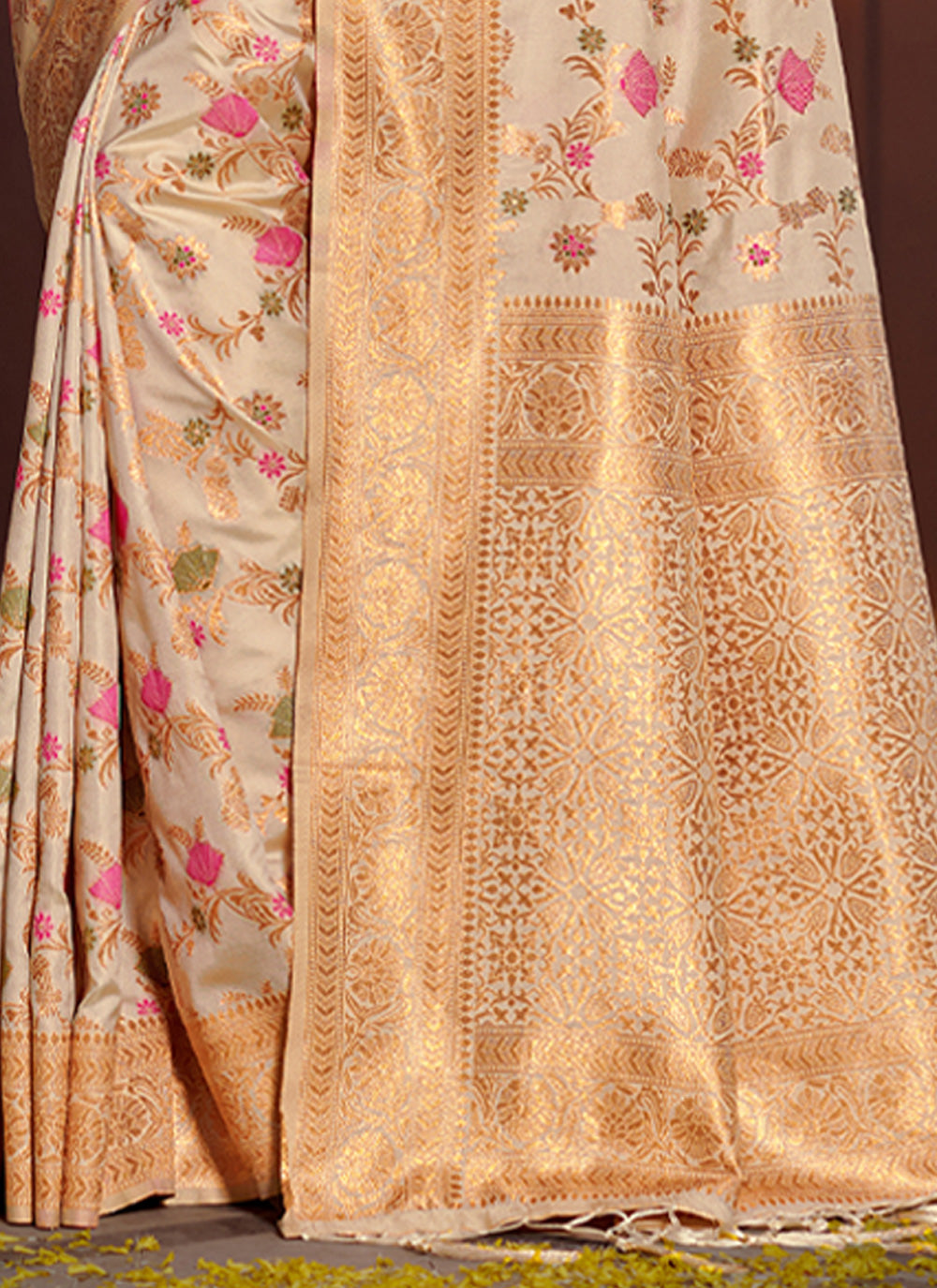 Women Cream Banarasi Silk Woven Work Traditional Tassels Saree