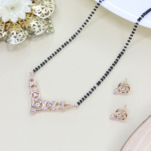 18k Rose Gold Plated Traditional Single Line American Diamond Pendant with Black Bead Chain Mangalsutra for Women (D098) | Womensfashionfun